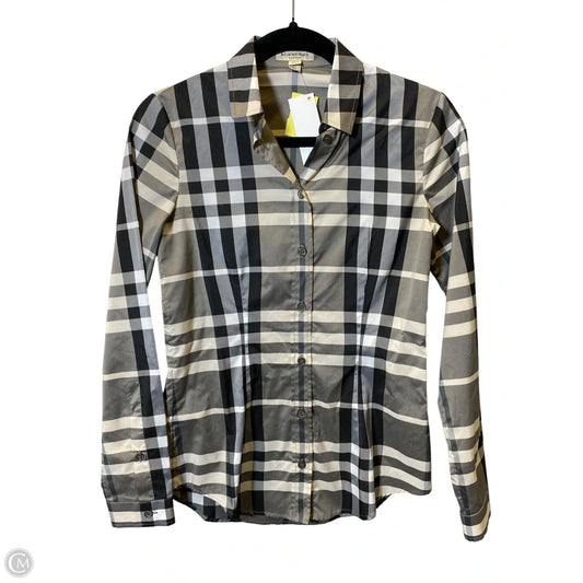 Blouse Luxury Designer By Burberry In Plaid Pattern, Size: 2