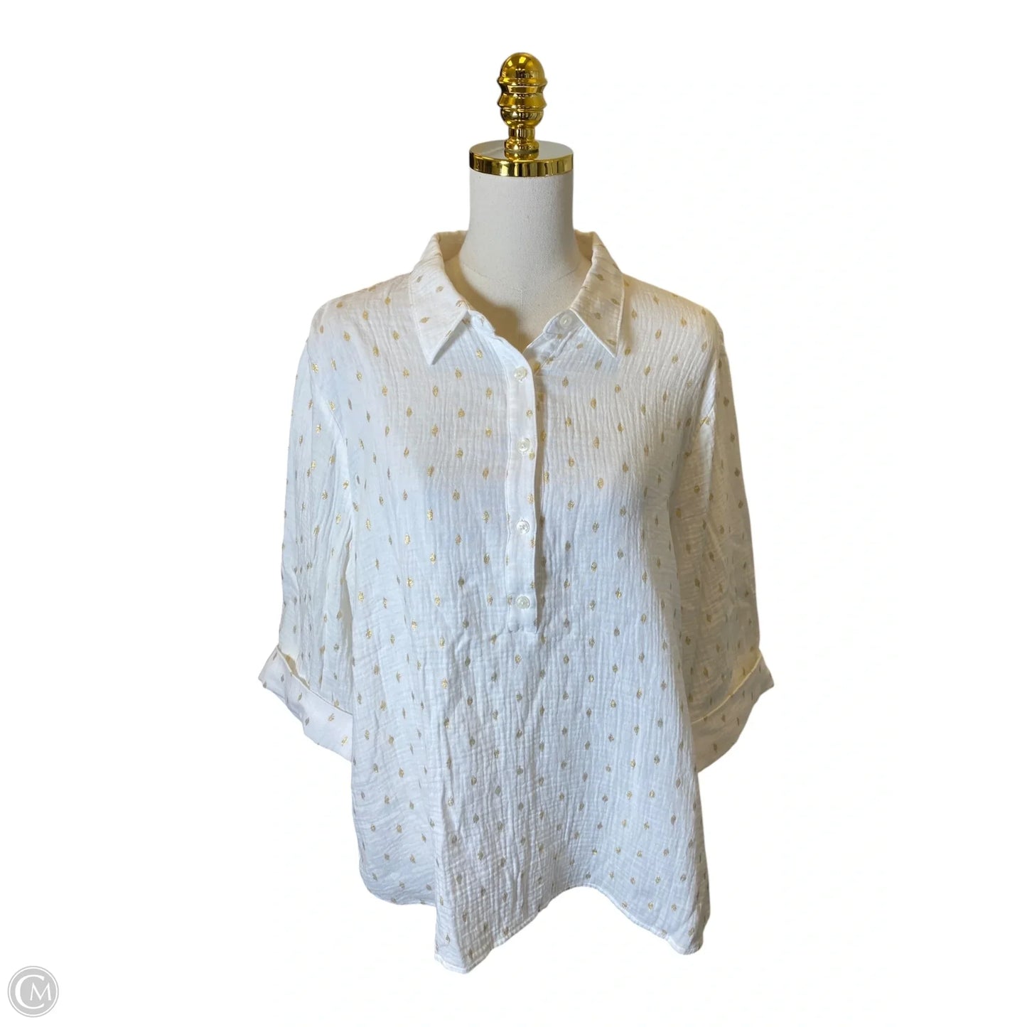 Top 3/4 Sleeve By Chicos In Gold & White, Size: Xl