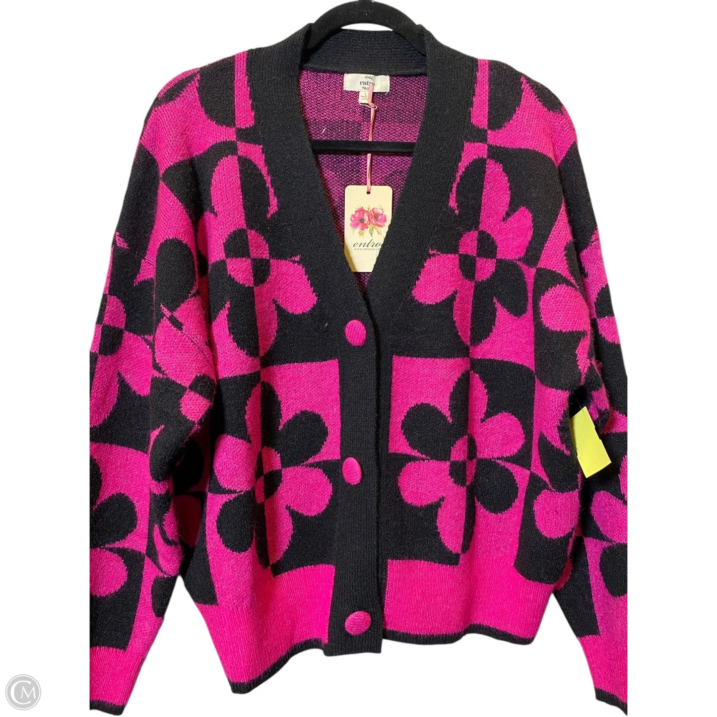 Sweater Cardigan By Entro In Black & Pink, Size: L