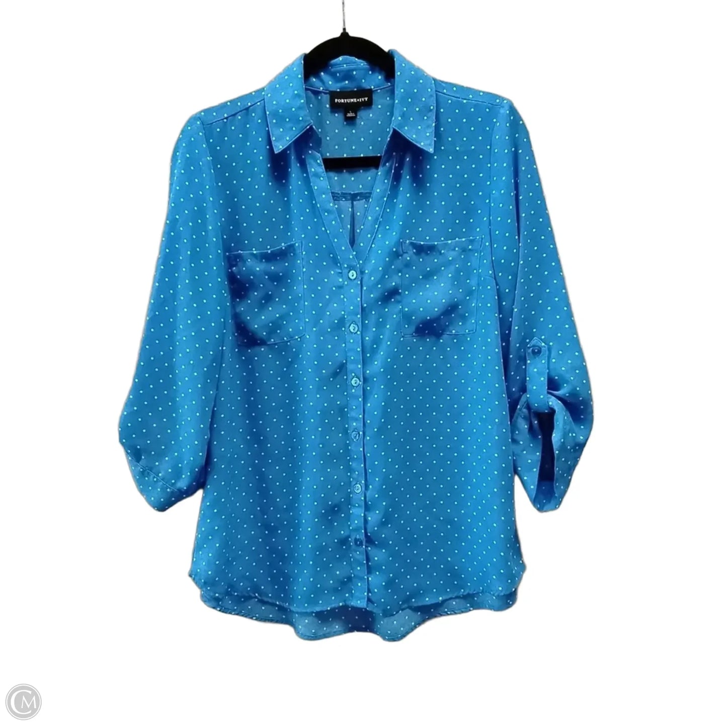 Blouse Long Sleeve By Fortune & Ivy In Polkadot Pattern, Size: L