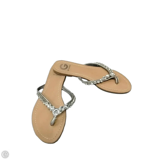 Sandals Flip Flops By Guess In Silver & Tan, Size: 9.5