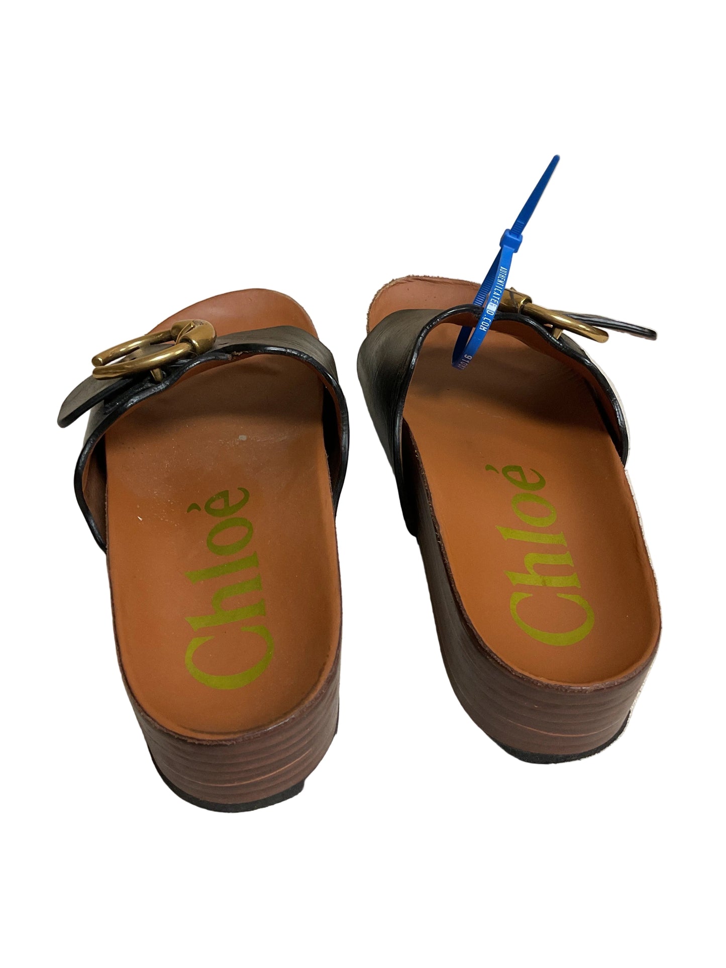 Sandals Luxury Designer By Chloe In Black & Gold, Size:5.5
