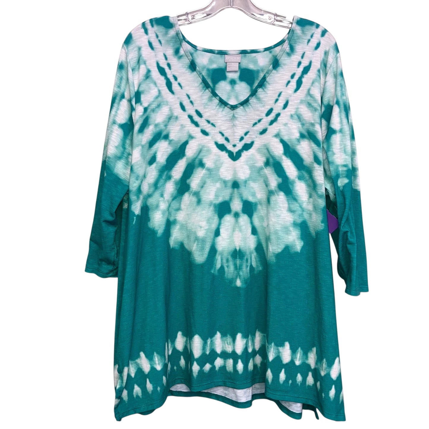 Top 3/4 Sleeve By Chicos In Green & White, Size:1X