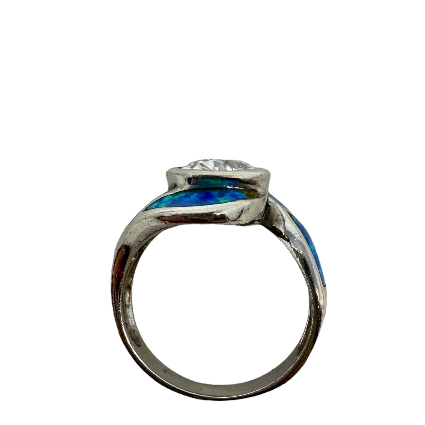 Sterling Silver, CZ & Fire Opal Inlay Ring, Size: 8