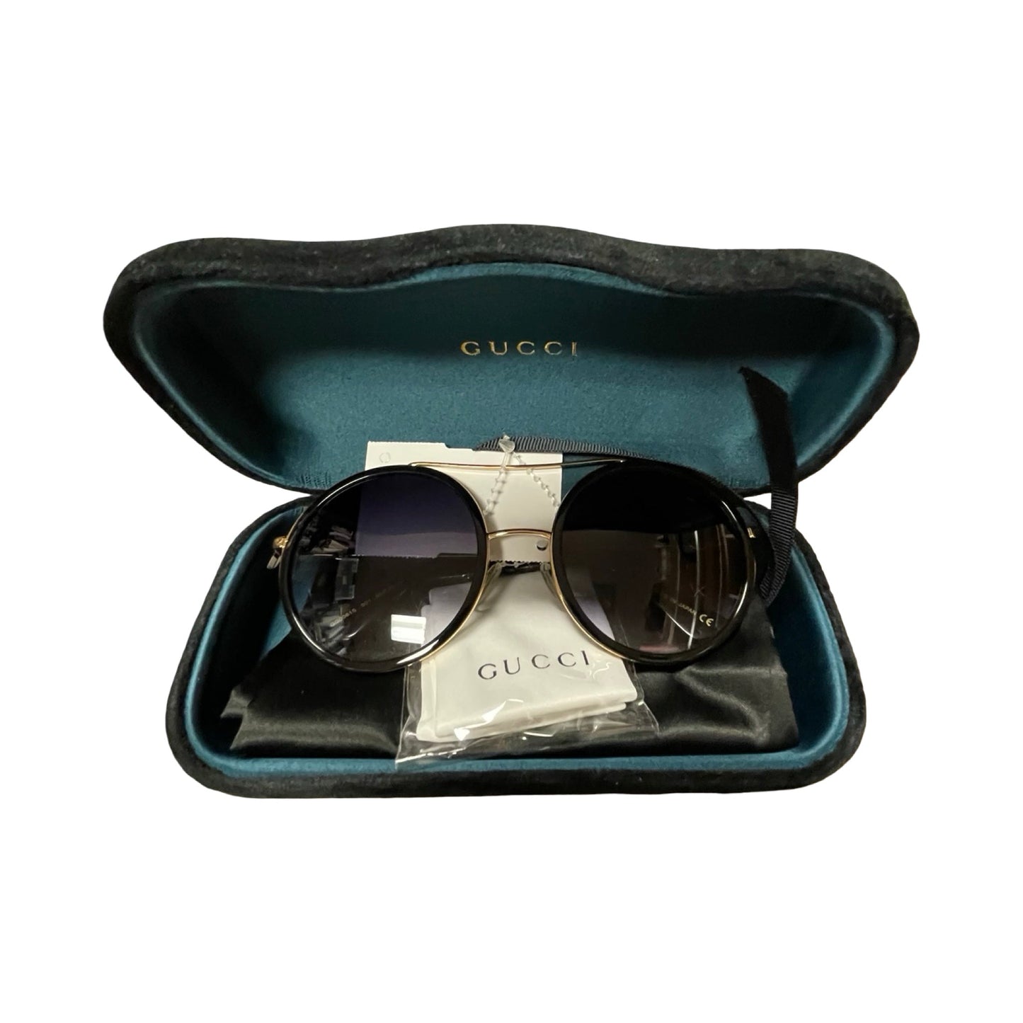 Sunglasses Luxury Designer By Gucci In Black & Gold, Size: