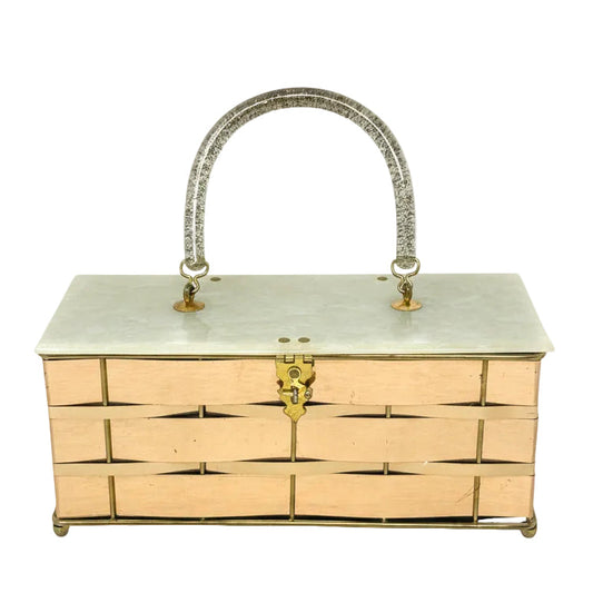 Vintage Collectible Mid-Century Modern Lucite & Woven Copper Box Bag, Size: Small