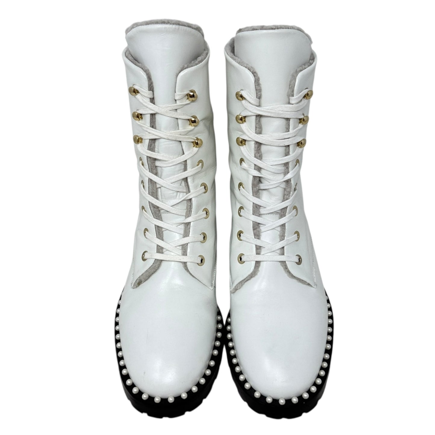 Sondra Nulogo Pearl Embellished Booties Designer By Stuart Weitzman In White, Size: 8
