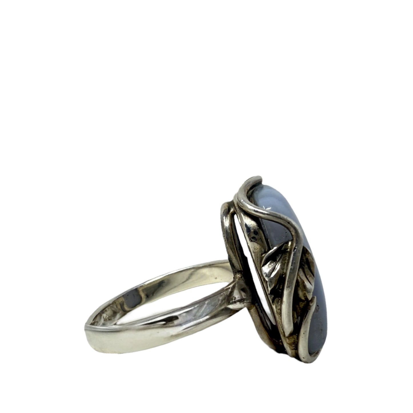 Sterling Silver & Blue Lace Agate Ring with Floral Detail, Size: 9