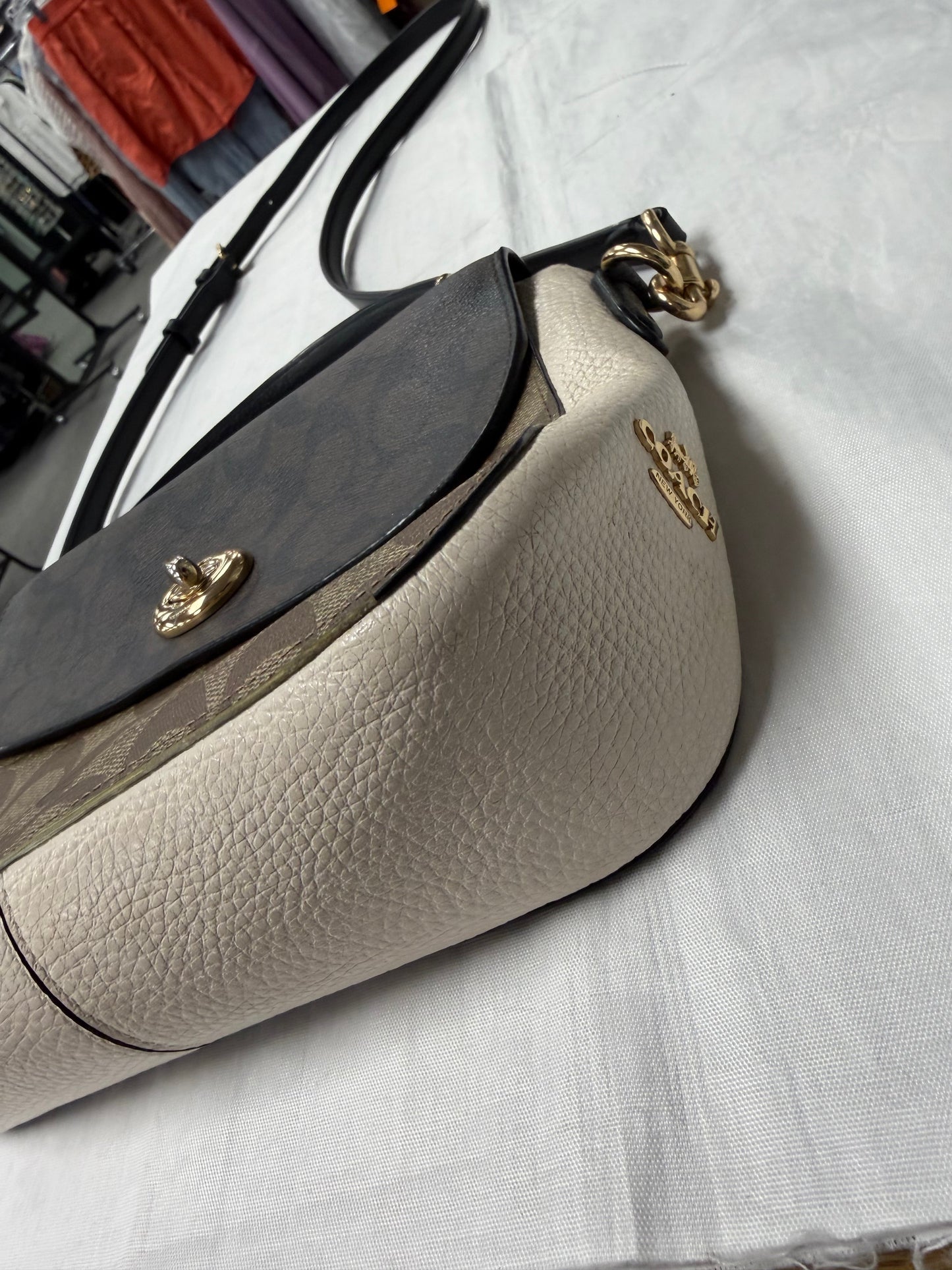 Crossbody Designer By Coach In Brown & Cream, Size:Small