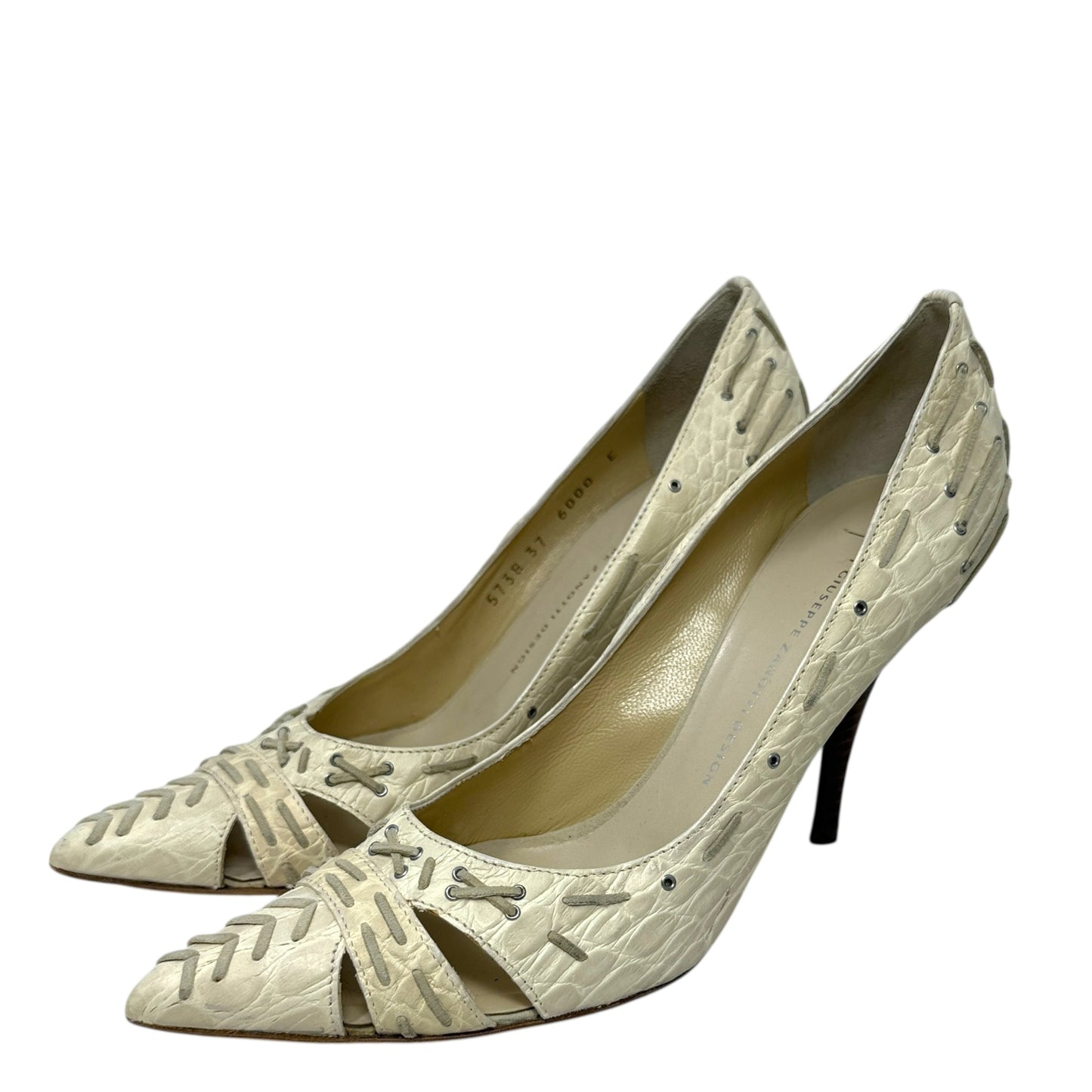 Vintage Vicini Croc Embossed Lace Detail Cutout Stiletto Pumps Designer By Giuseppe Zanotti In Cream, Size: 7