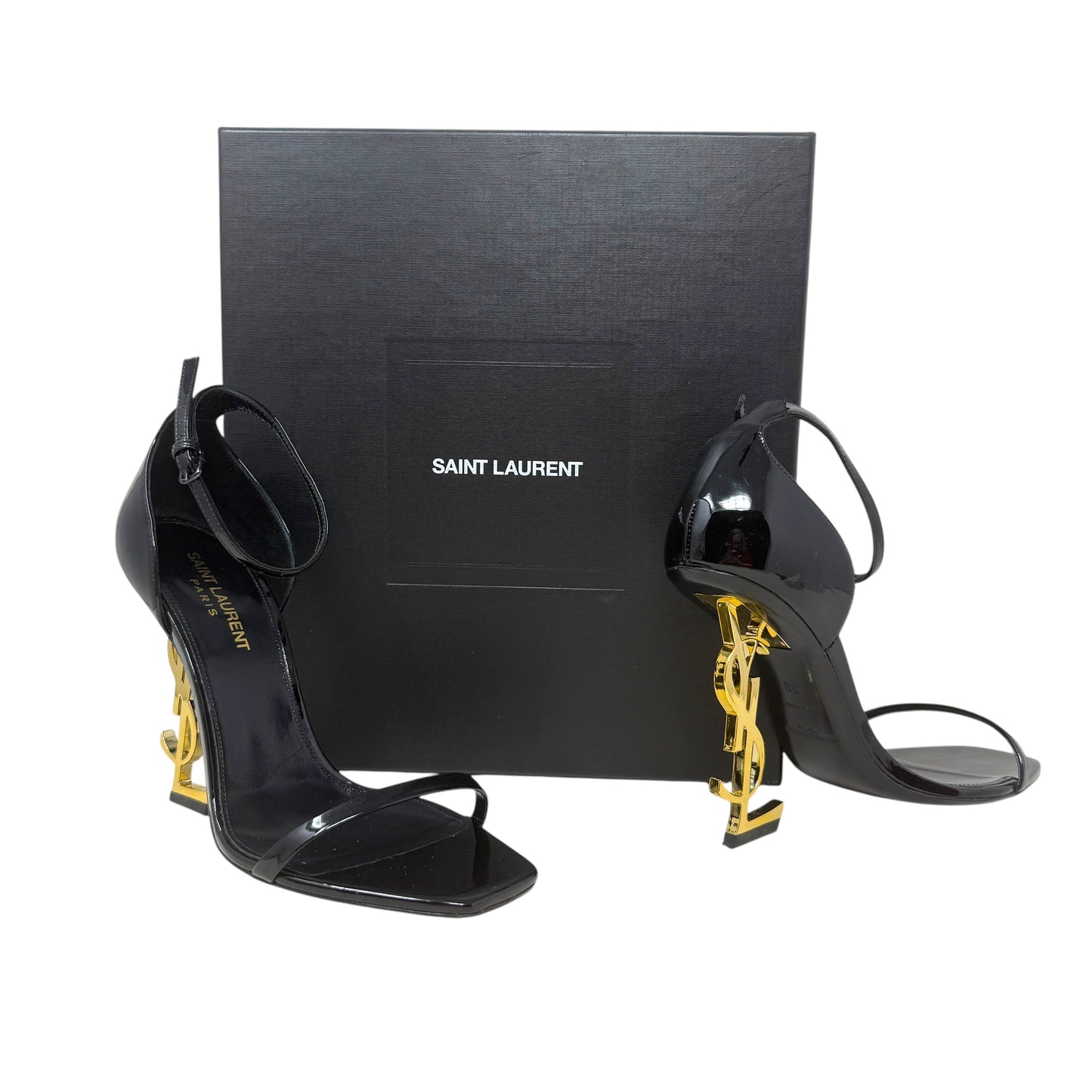 Opyum 110 Cassandre Heel Sandals Luxury Designer By Yves Saint Laurent In Black & Gold, Size: US 8/IT 38