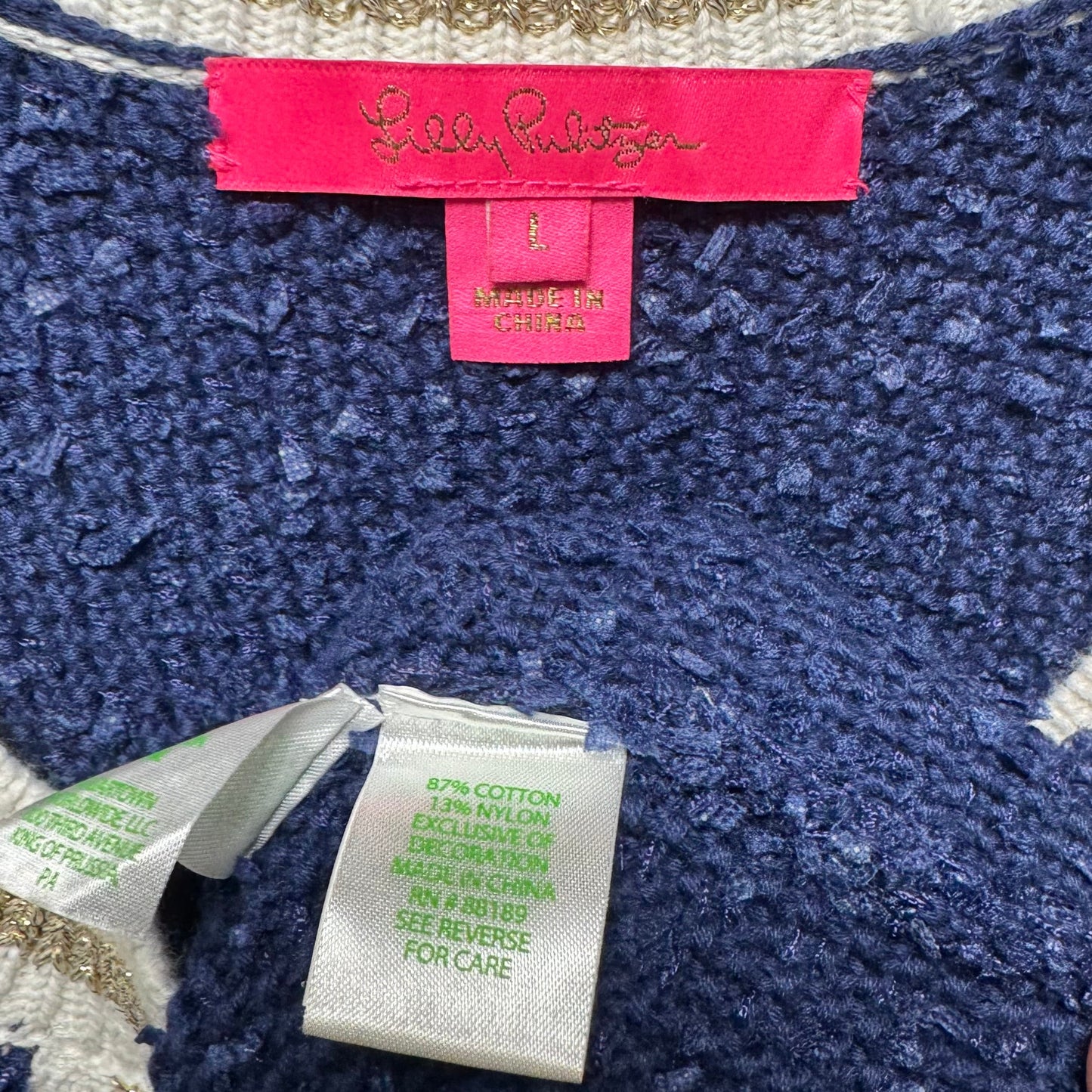 Sweater Cardigan Designer By Lilly Pulitzer In Blue & White, Size: L
