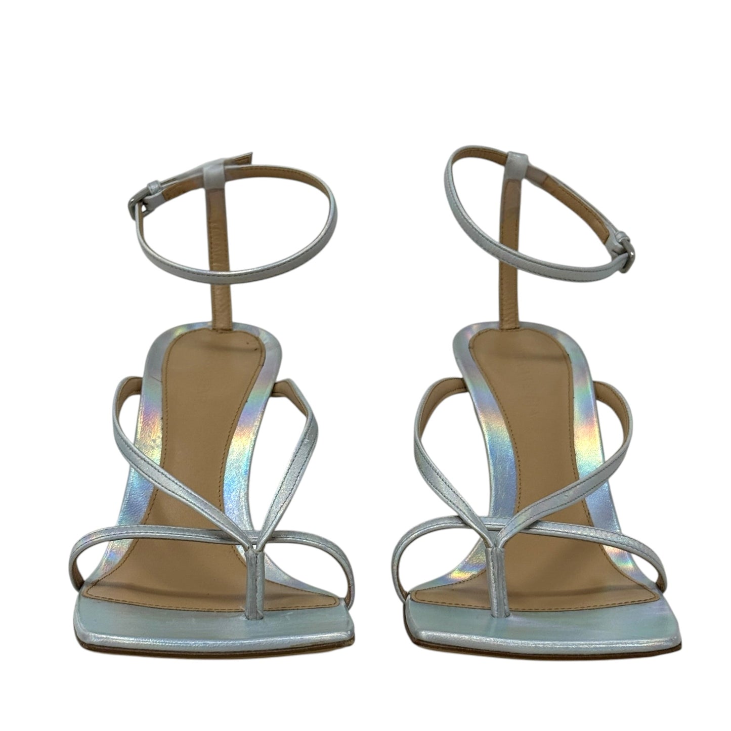 Stretch Iridescent Leather Sandals Luxury Designer By Bottega Veneta In Silver, Size: 9 (IT 39)