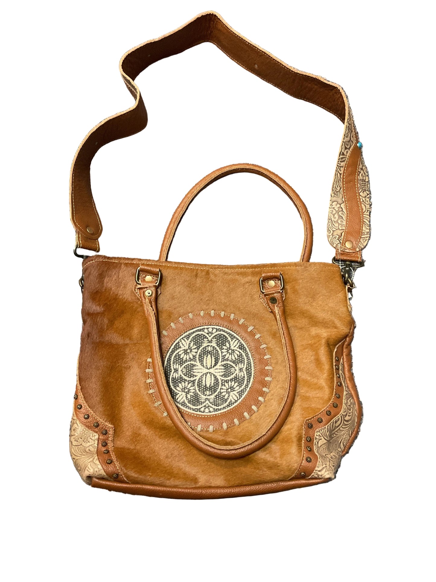 Handbag Leather By Myra In Brown & Tan, Size:Large