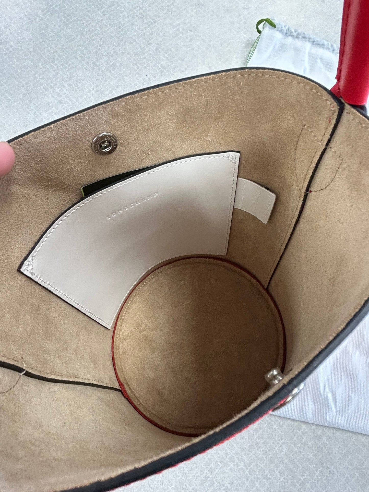 Handbag Designer By Longchamp In Red & White, Size:Medium