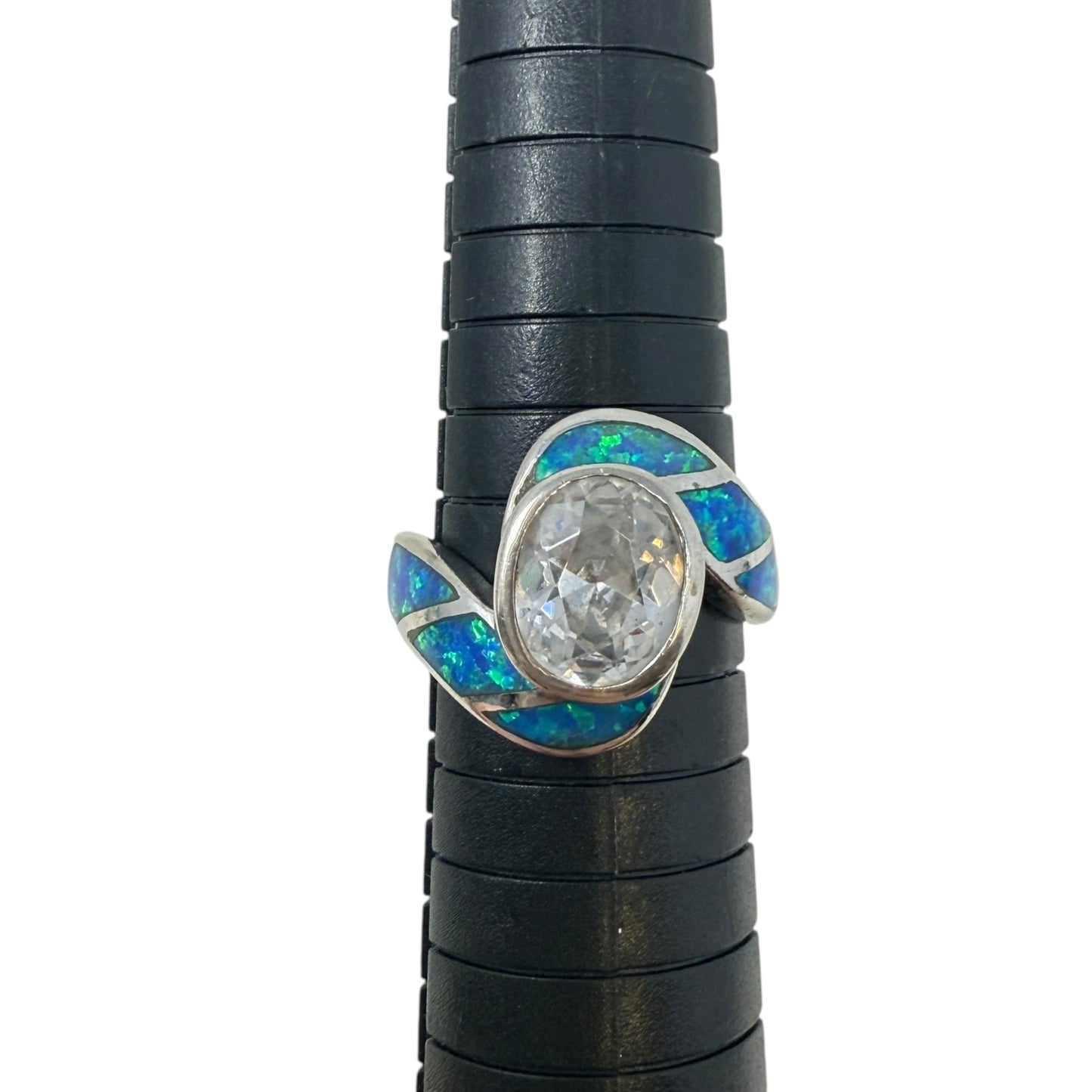 Sterling Silver, CZ & Fire Opal Inlay Ring, Size: 8