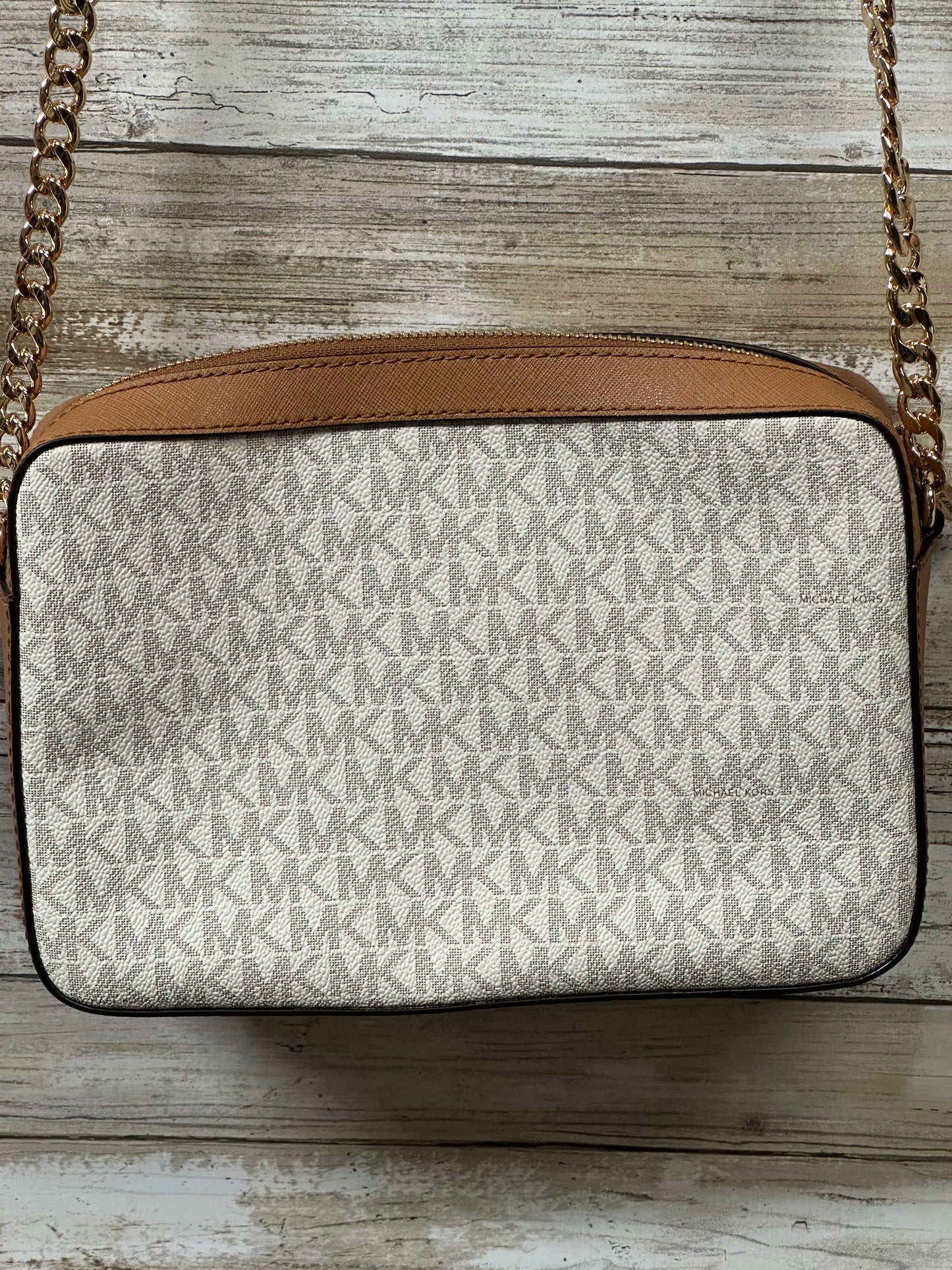 Crossbody Designer By Michael Kors In Brown & White, Size:Medium