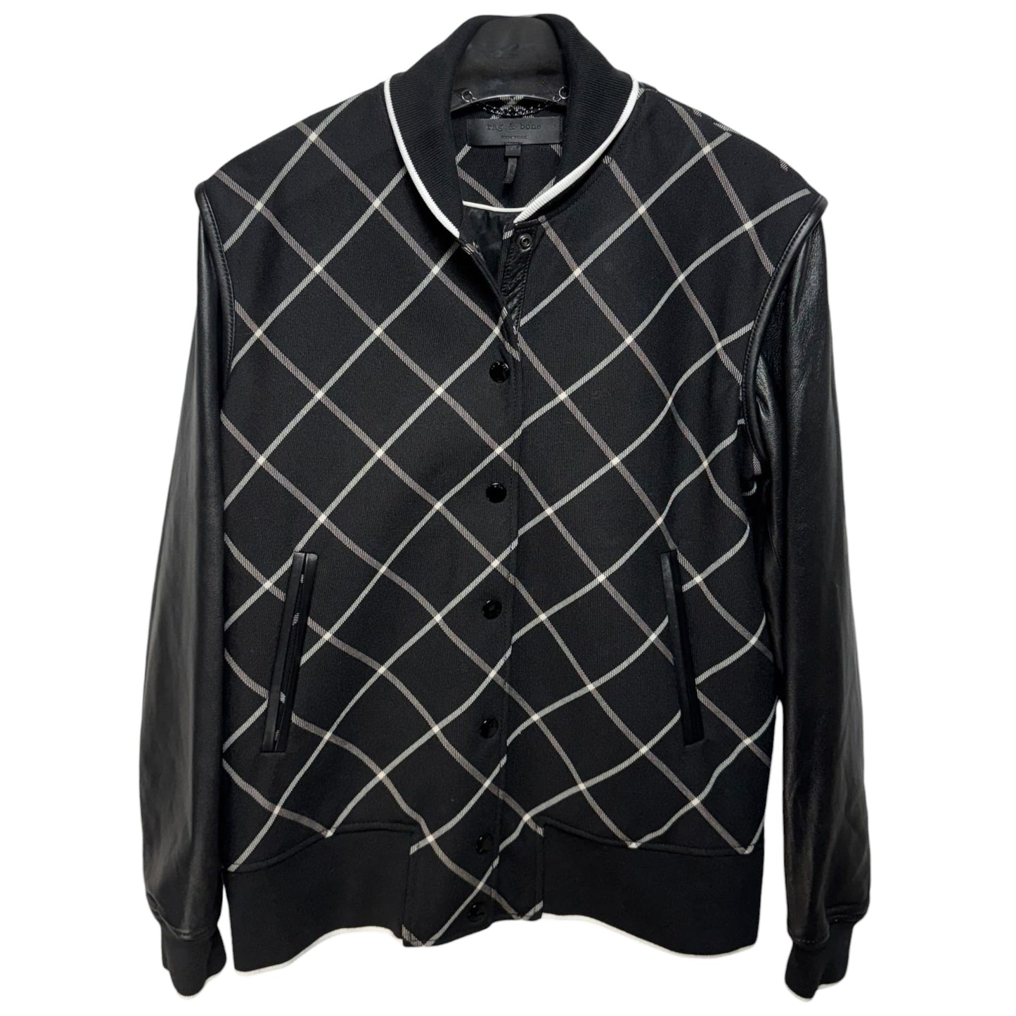 Edith' Windowpane Check Leather Sleeve Bomber Jacket By Rag And Bone In Black & White, Size: 0