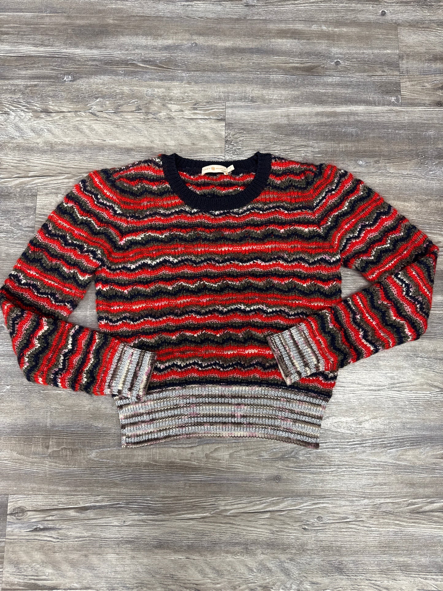 Sweater Cardigan Designer By Tory Burch In Red & Silver, Size:S