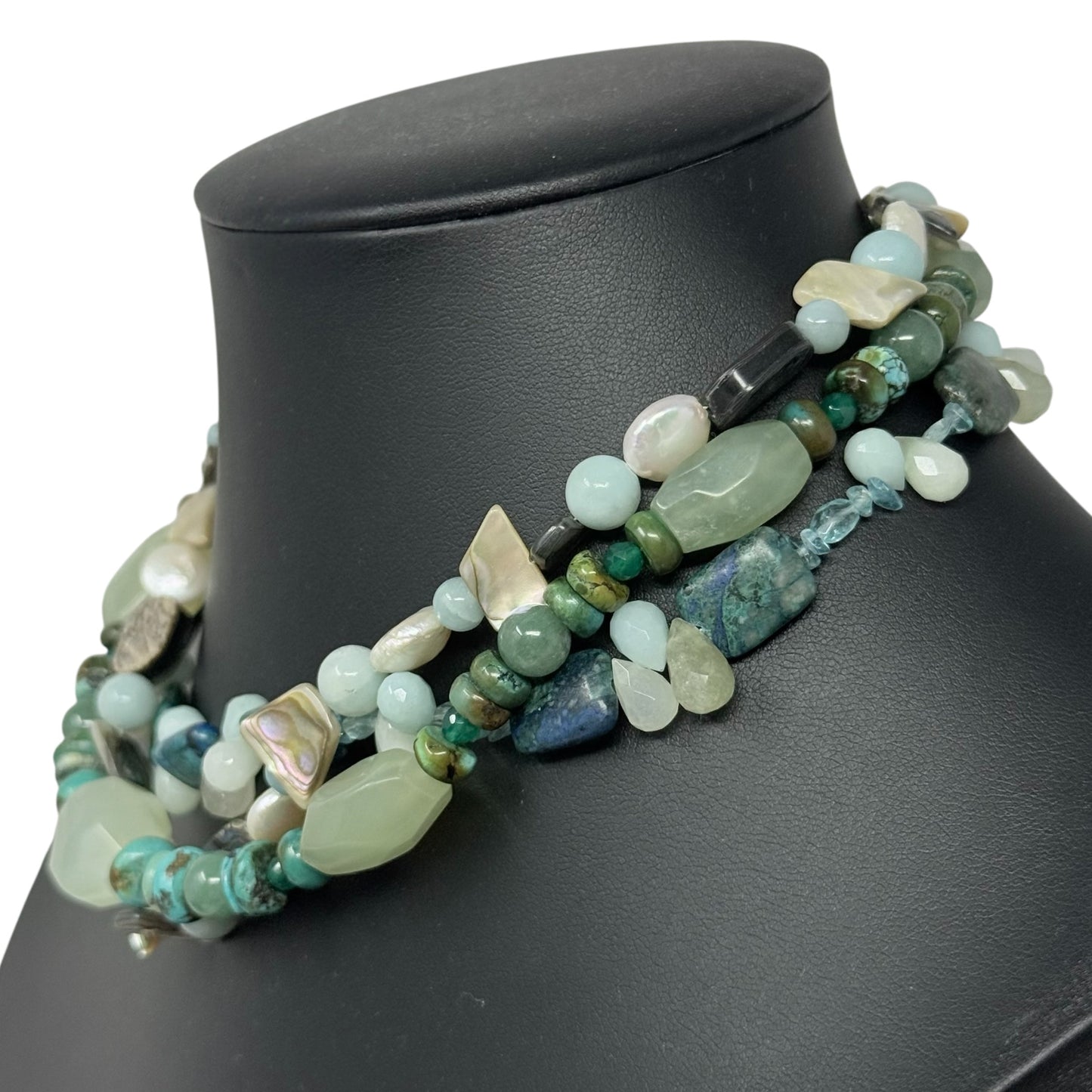Vintage Multi Stone & Abalone Triple Strand Beaded Necklace