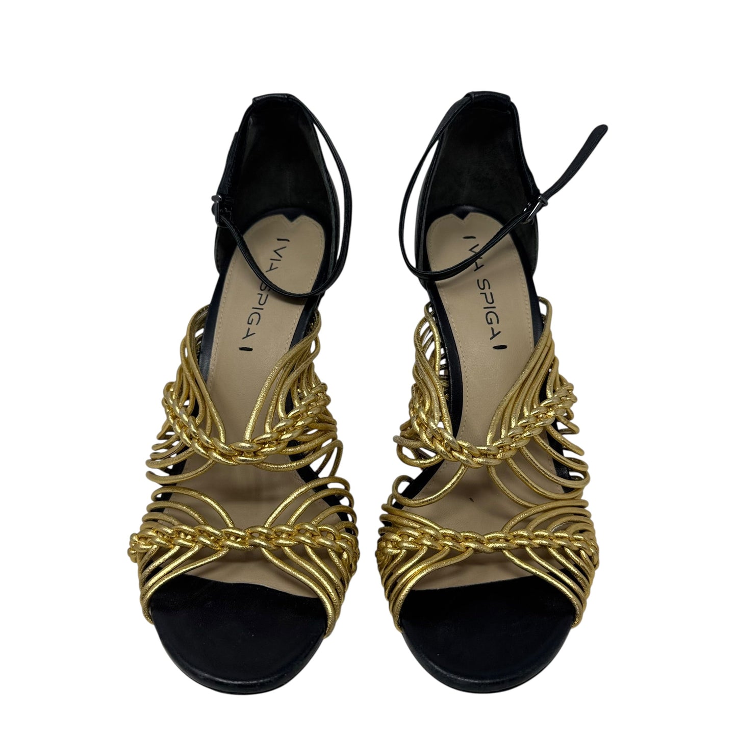 Dorian Stiletto Leather Sandals By Via Spiga In Black & Gold, Size: 7.5