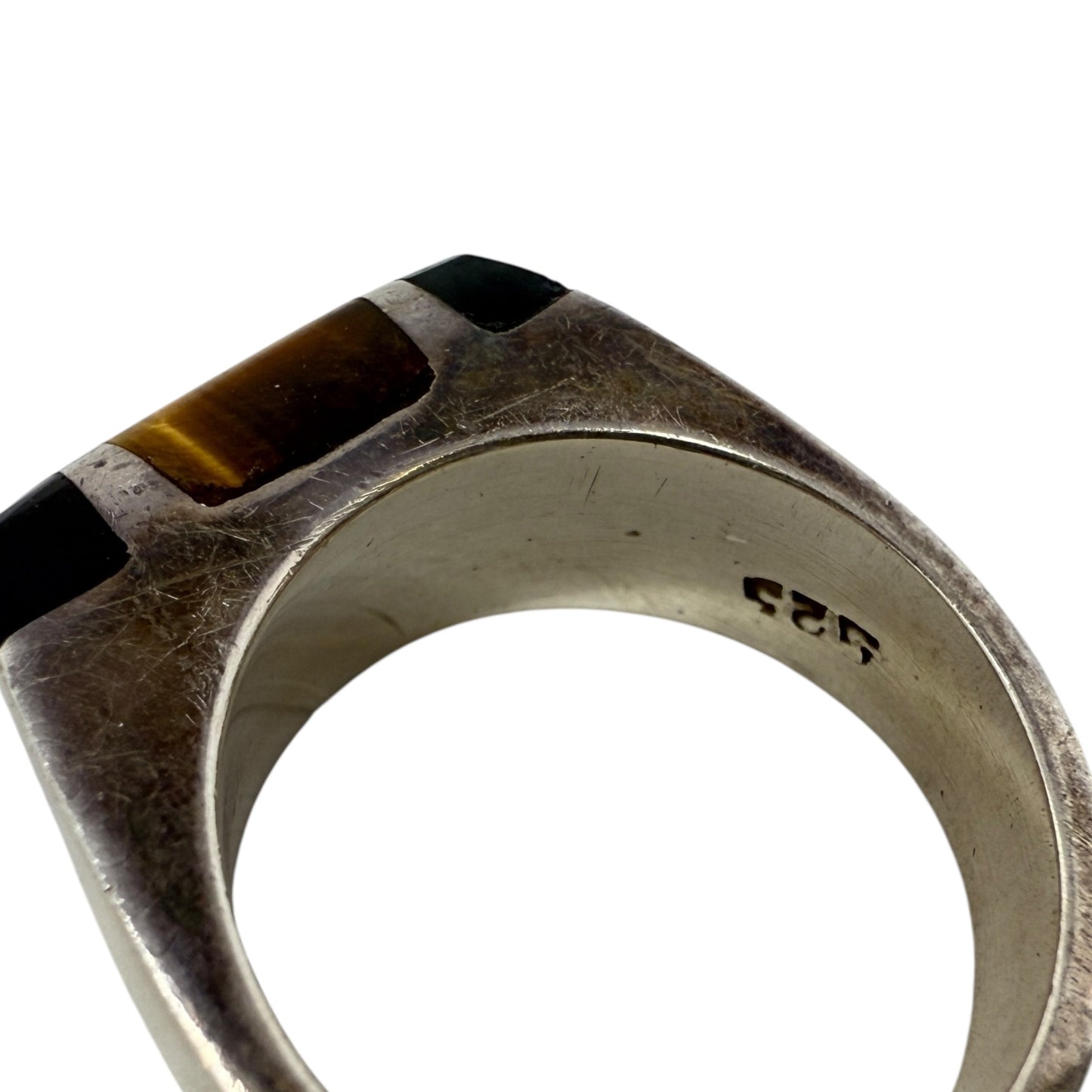 Vintage Sterling Silver Tigers Eye & Onyx Ring, Size: 9