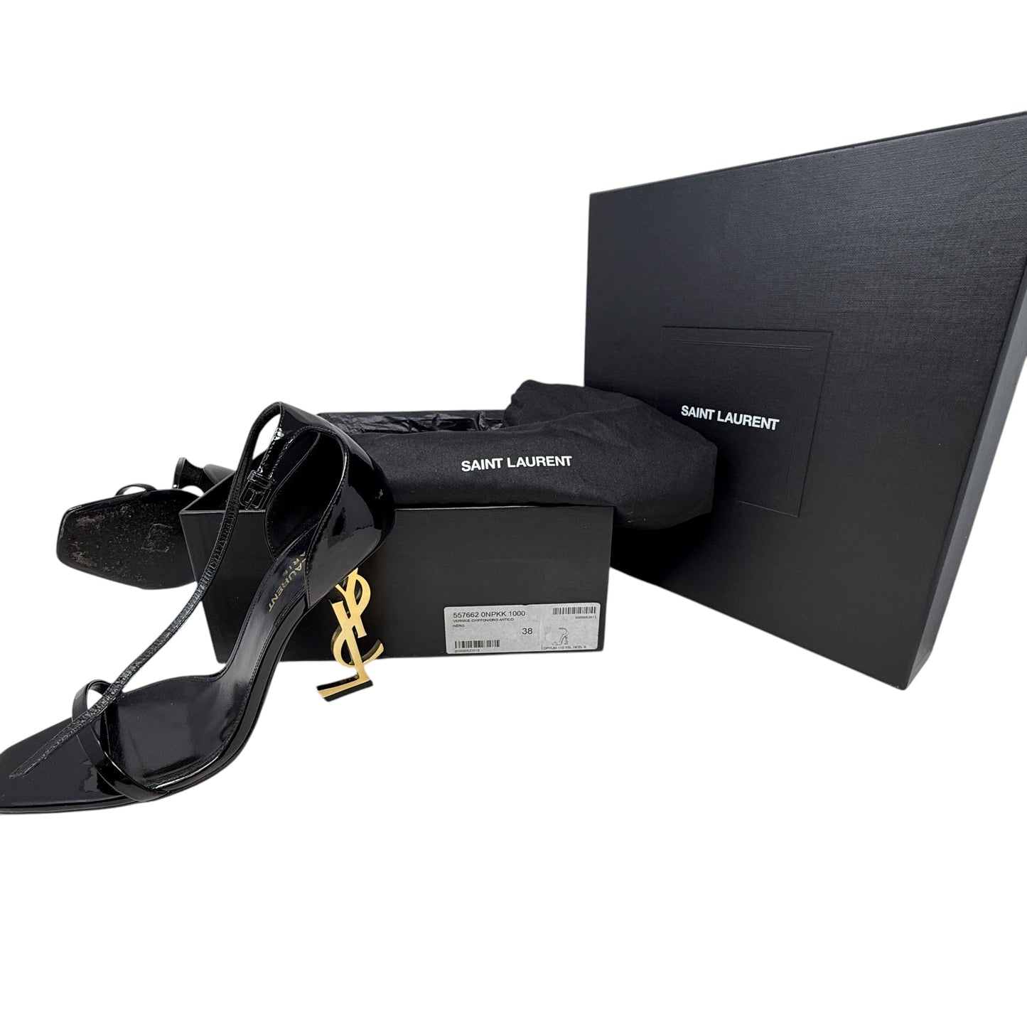 Opyum 110 Cassandre Heel Sandals Luxury Designer By Yves Saint Laurent In Black & Gold, Size: US 8/IT 38