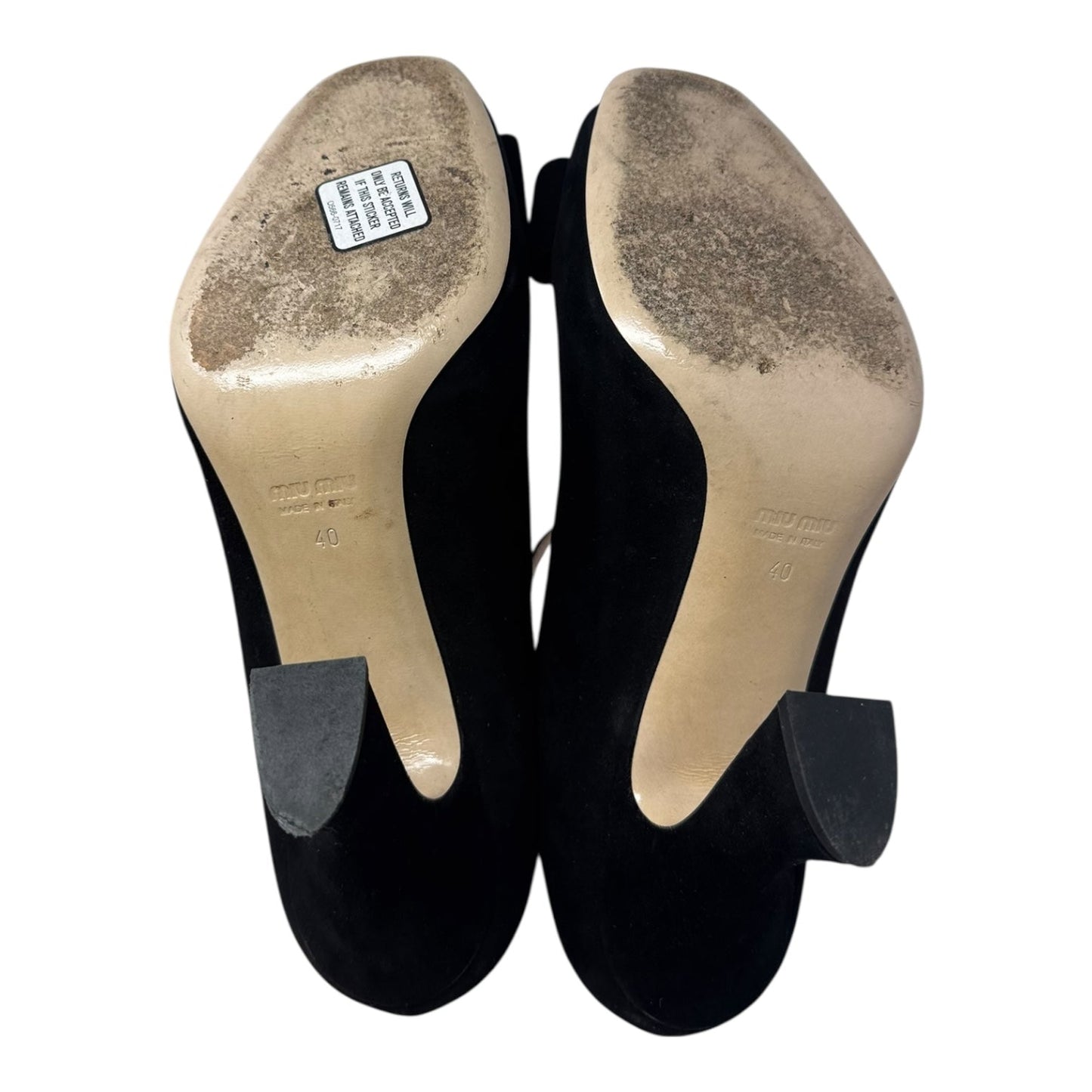 Suede T Strap Peep Toe Heels Shoes Luxury Designer By Miu Miu In Black, Size: 10 (IT 40)