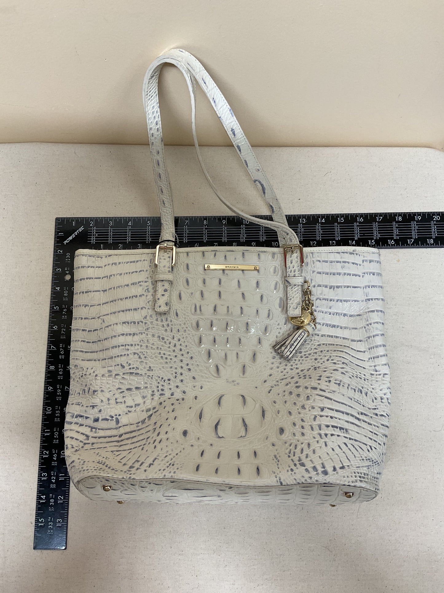 Handbag Designer By Brahmin In Grey & White, Size:Large