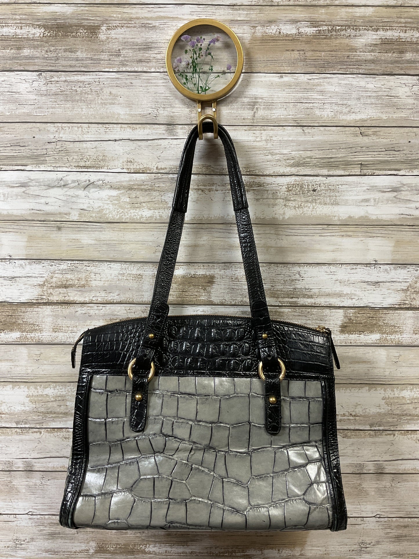 Handbag Designer By Brahmin In Black & Grey, Size:Medium