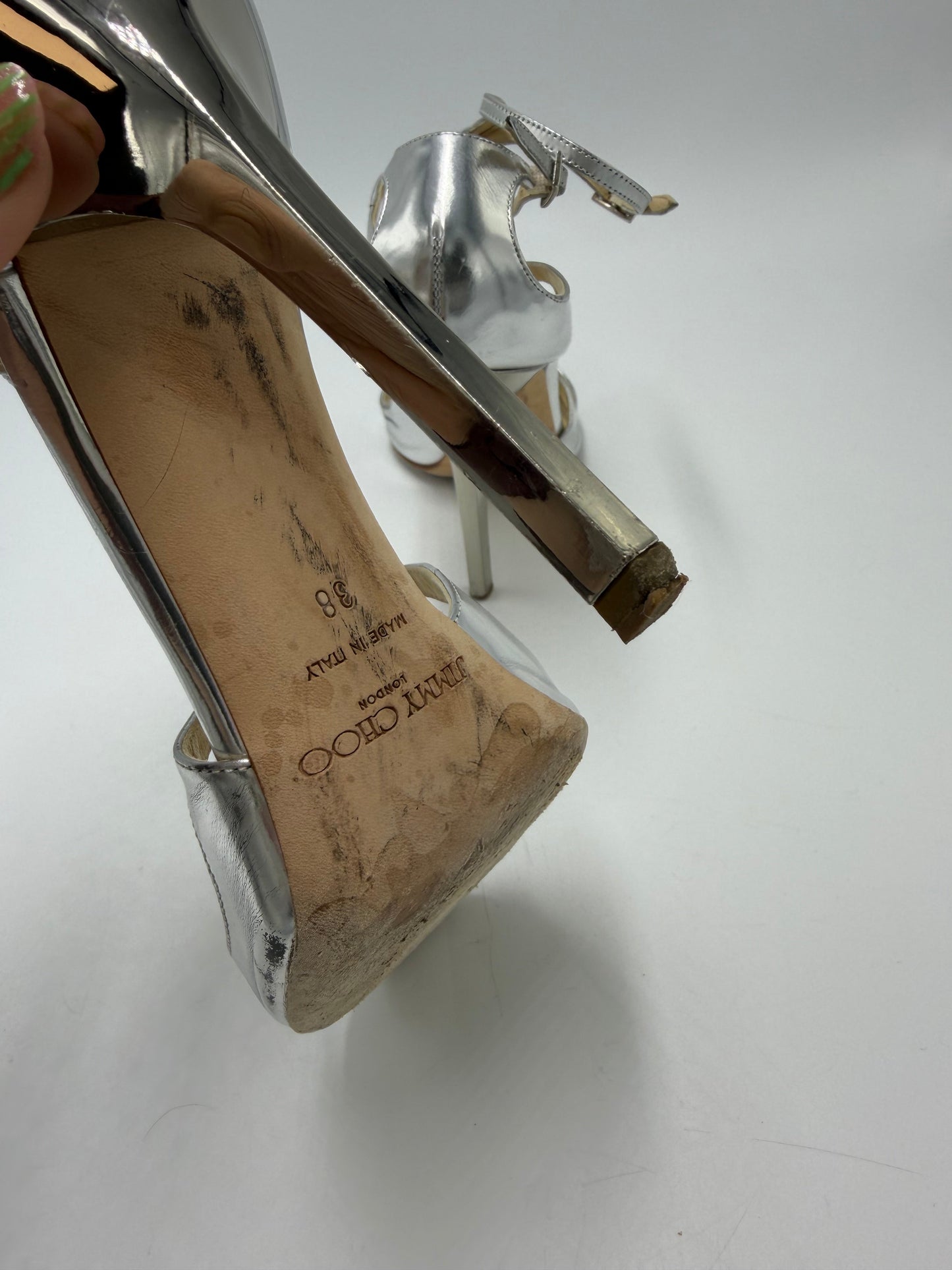 Shoes Luxury Designer By Jimmy Choo In Silver, Size: 8