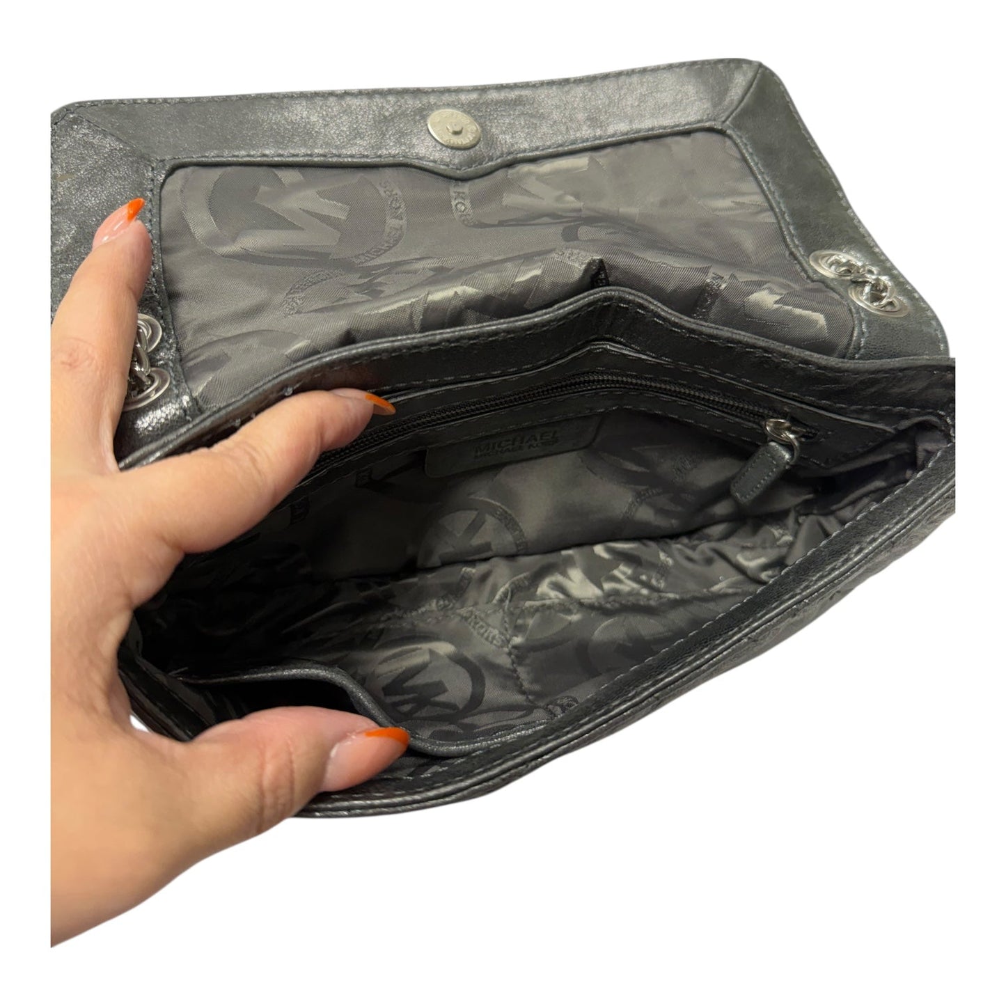 Crossbody Designer By Michael Kors In Silver, Size:Medium