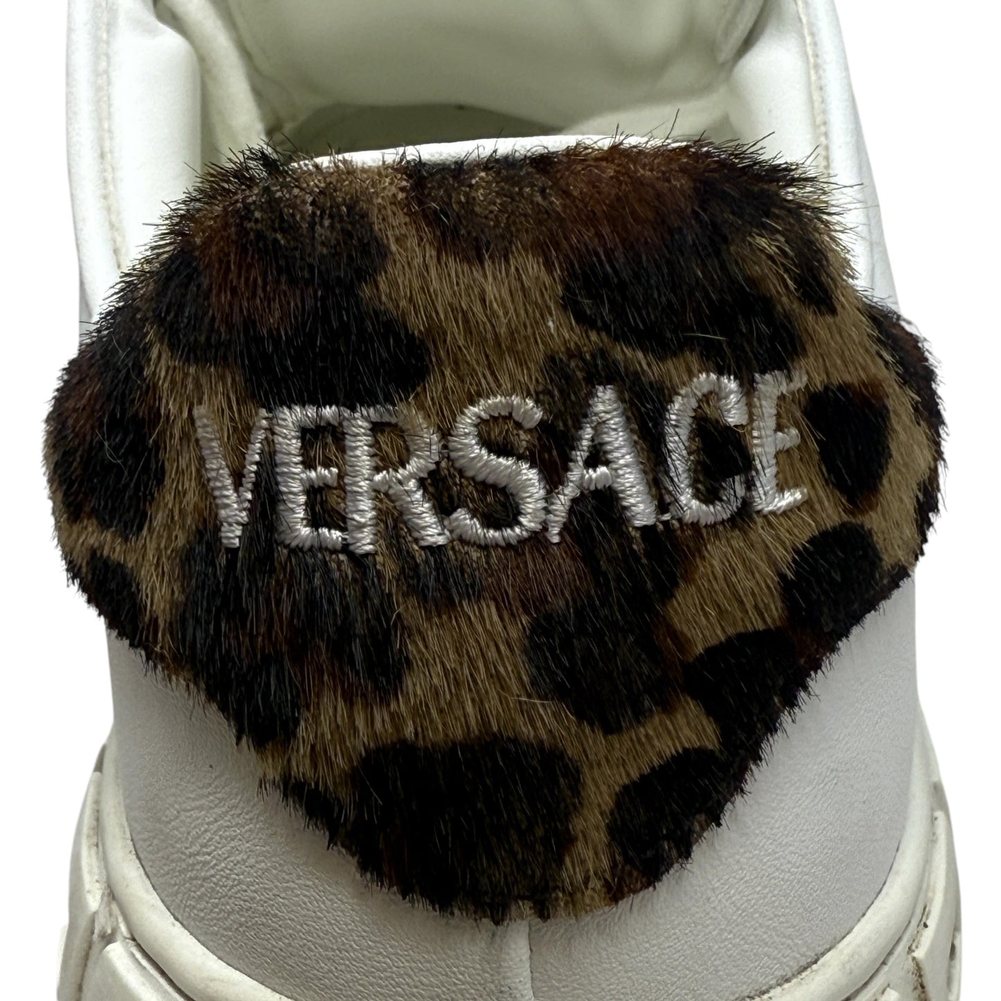 Greca Leopard Embroidered Sneakers Luxury Designer By Versace In White, Size: 7.5