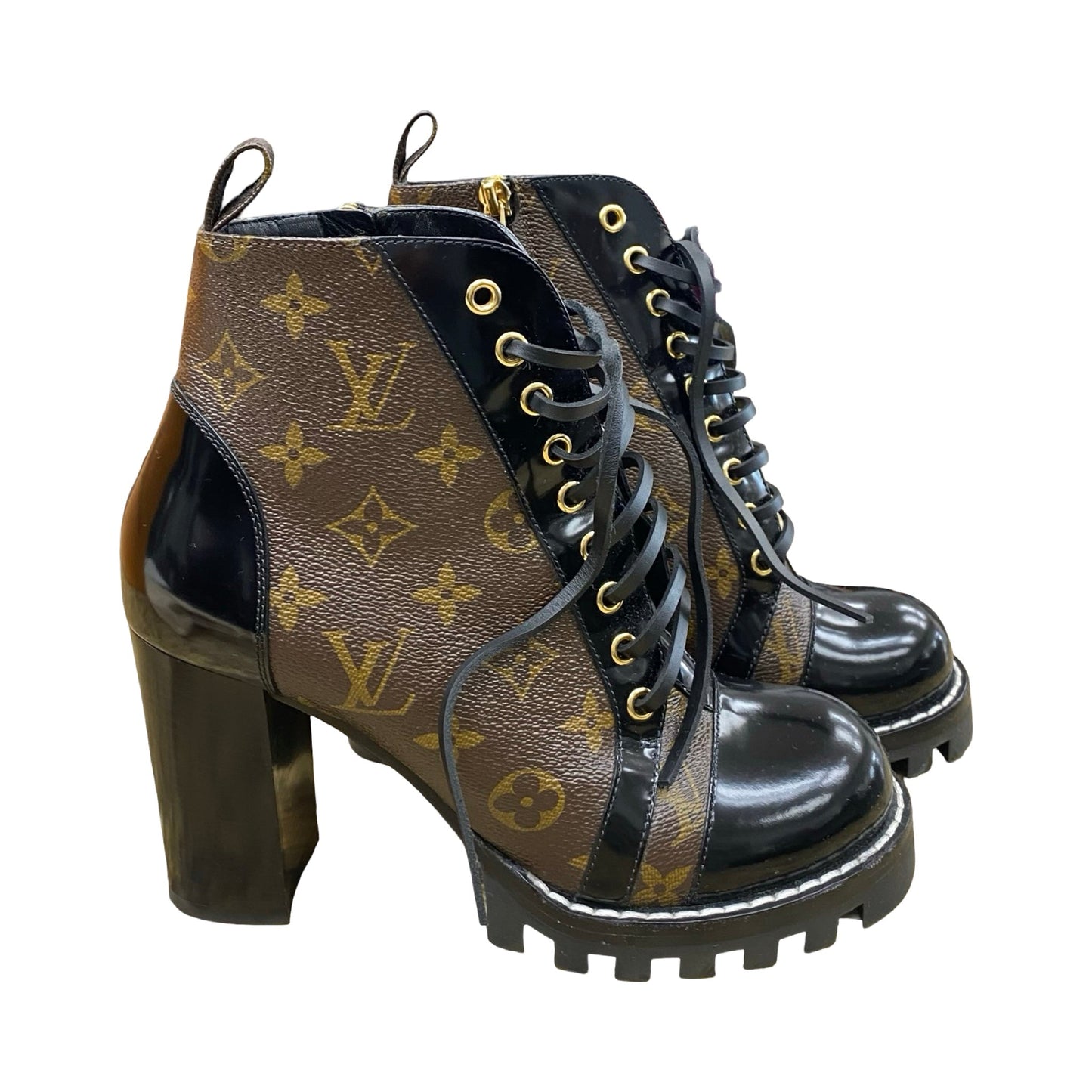 Boots Luxury Designer By Louis Vuitton In Black & Brown, Size:8.5