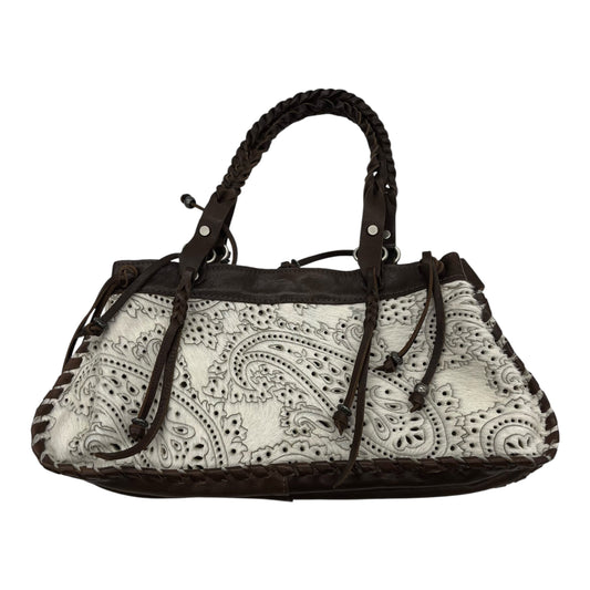 Handbag Leather By Clothes Mentor In Brown & Cream, Size:Medium