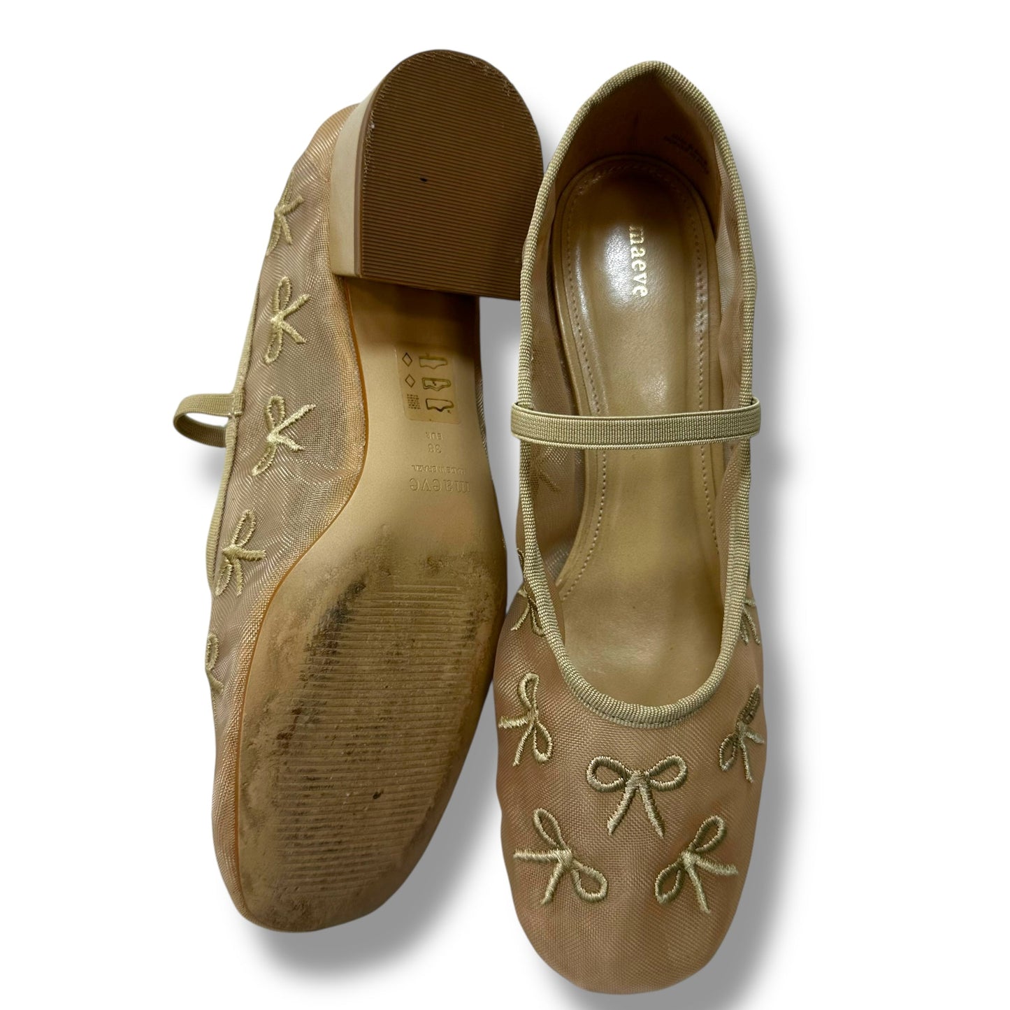 Bow embroidered Mary Jane Shoes Flats By Maeve In Tan, Size: 7.5