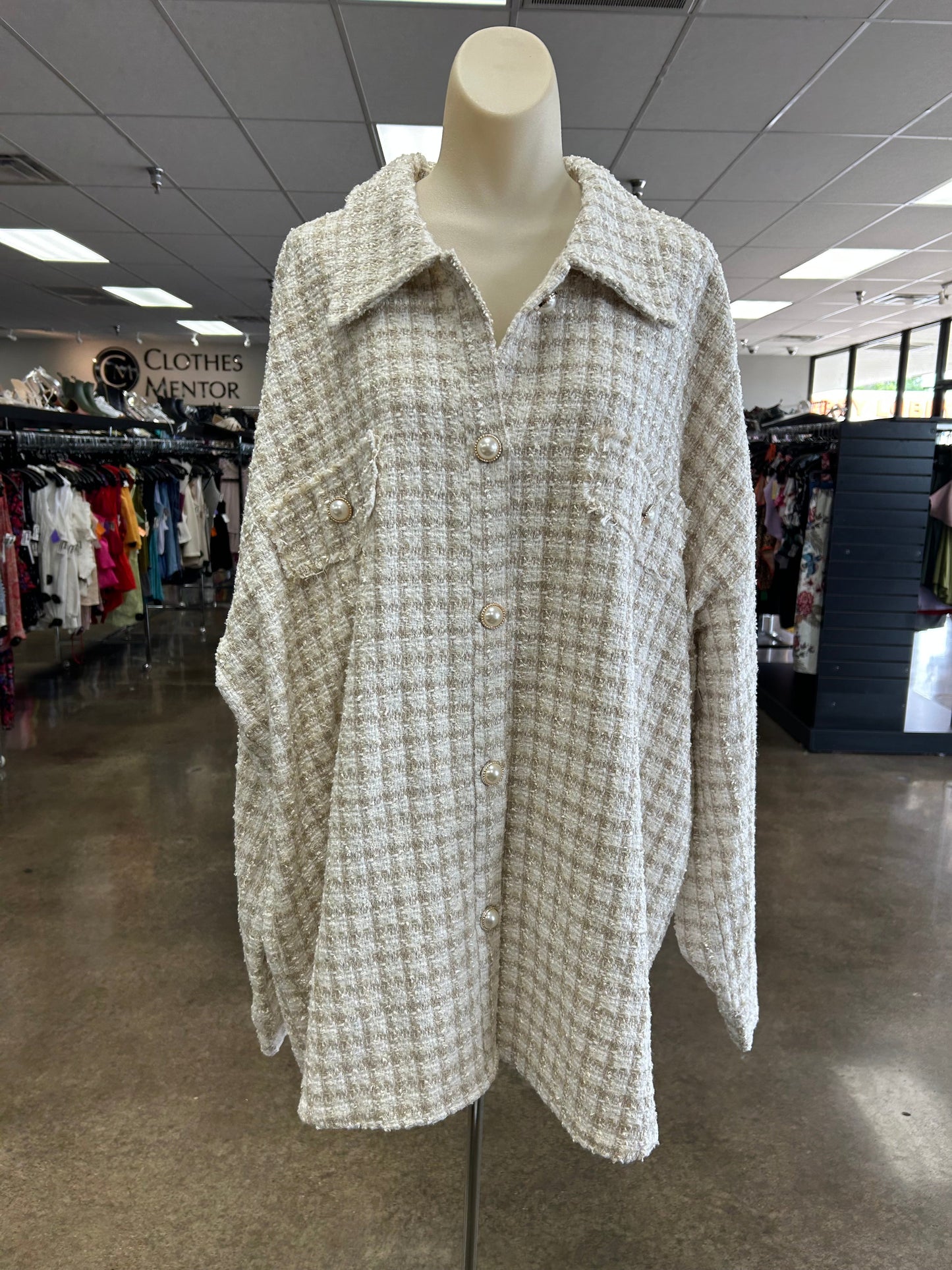 Jacket Shirt By Andree By Unit In Cream & Tan, Size:3X