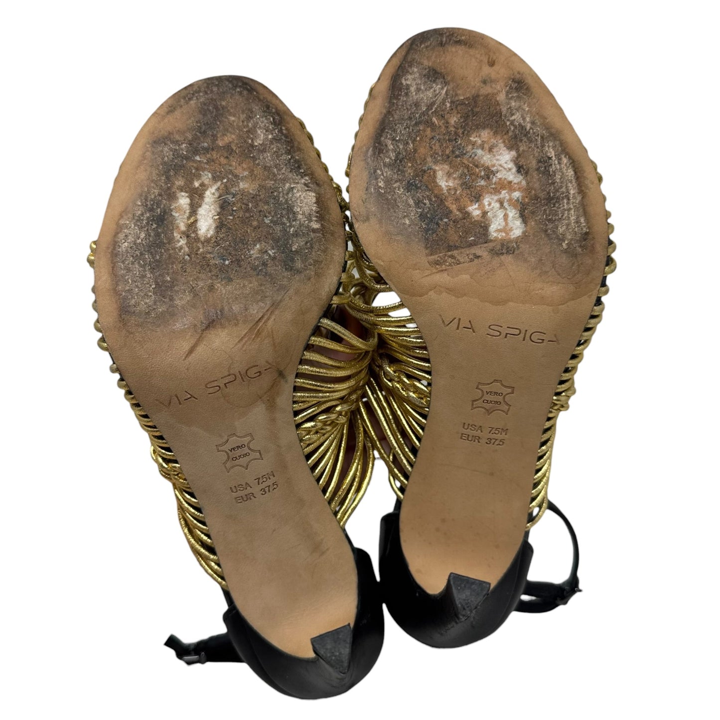 Dorian Stiletto Leather Sandals By Via Spiga In Black & Gold, Size: 7.5