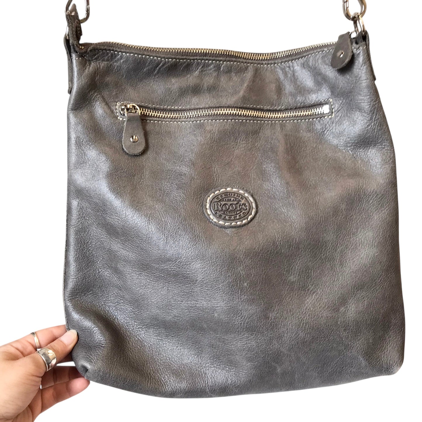 Crossbody Leather By Roots In Grey, Size:Large