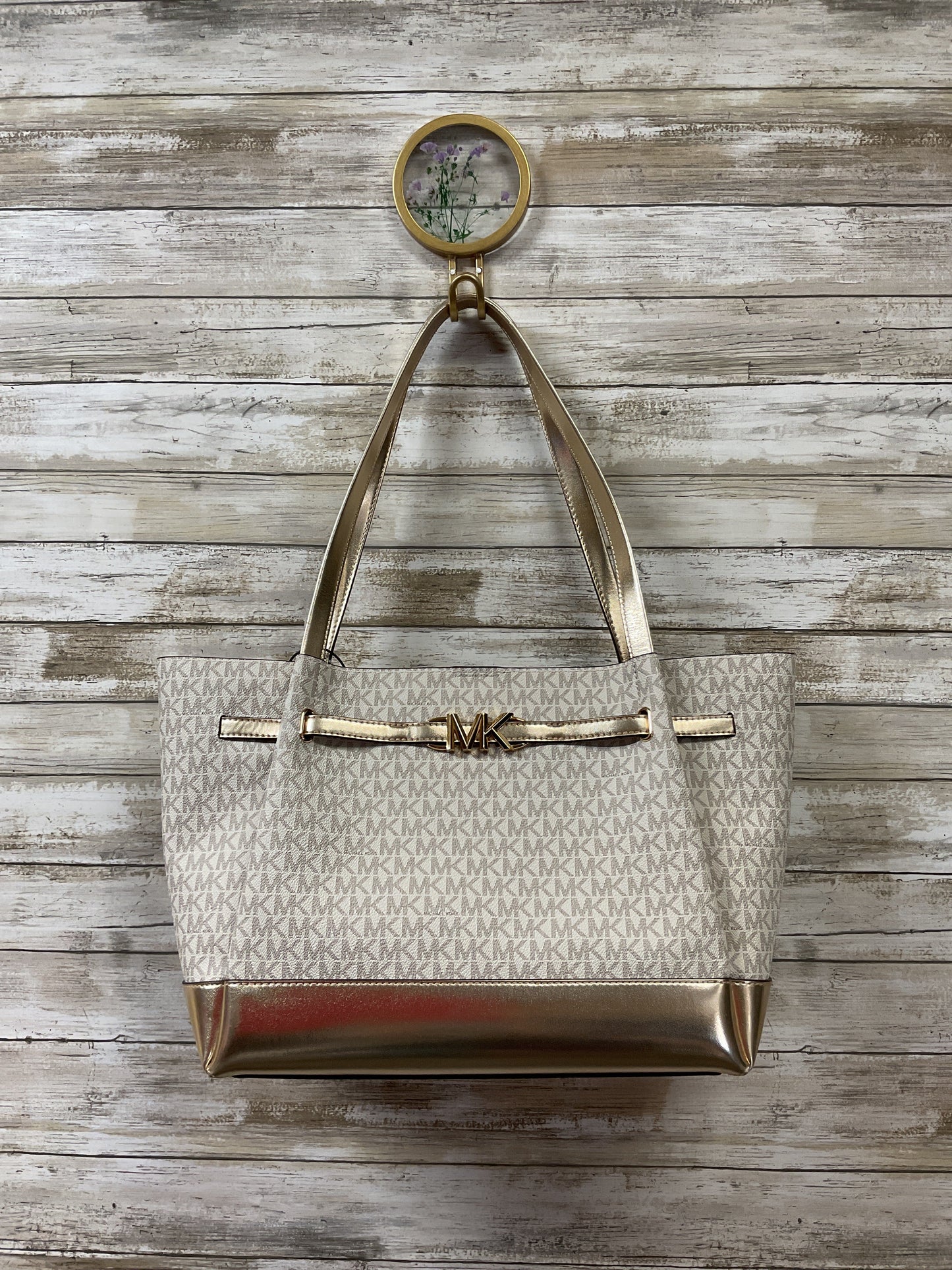 Handbag Designer By Michael Kors In Gold & White, Size:Large