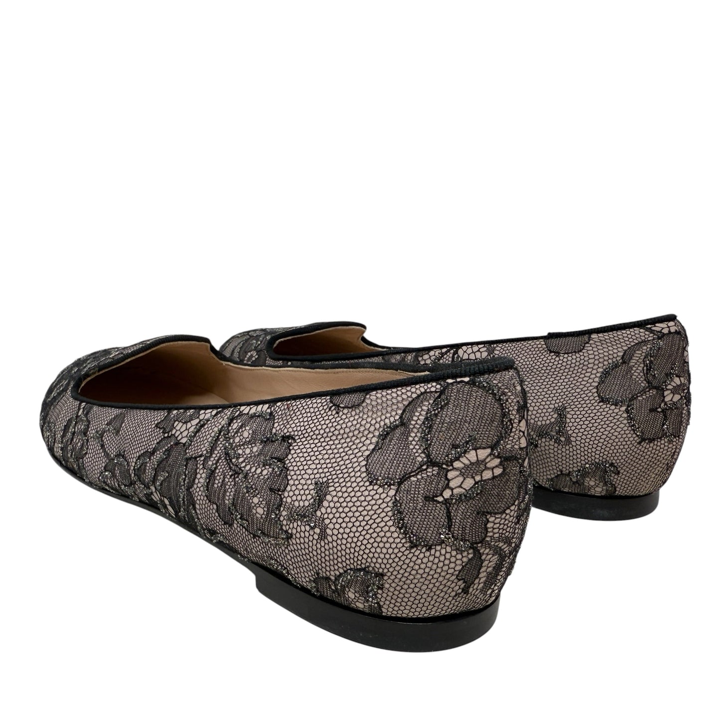 Caviar Crystal Lace Smoking Slippers In Blush Luxury Designer By Valentino-garavani In Black & Cream, Size: 8.5 (38.5)