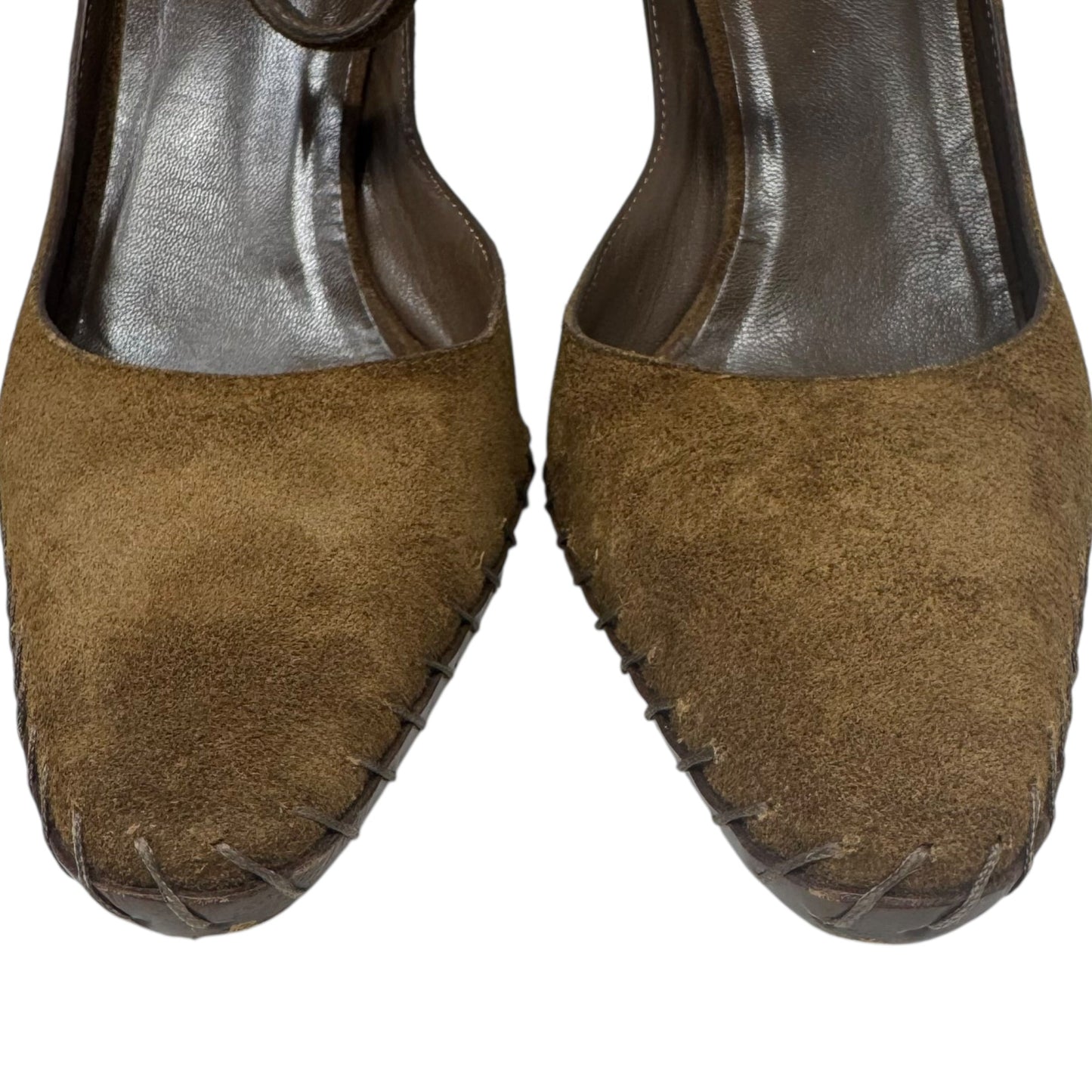 Suede Whipstitch D’Orsay Stiletto Pumps Luxury Designer By Gucci In Brown, Size: 8.5