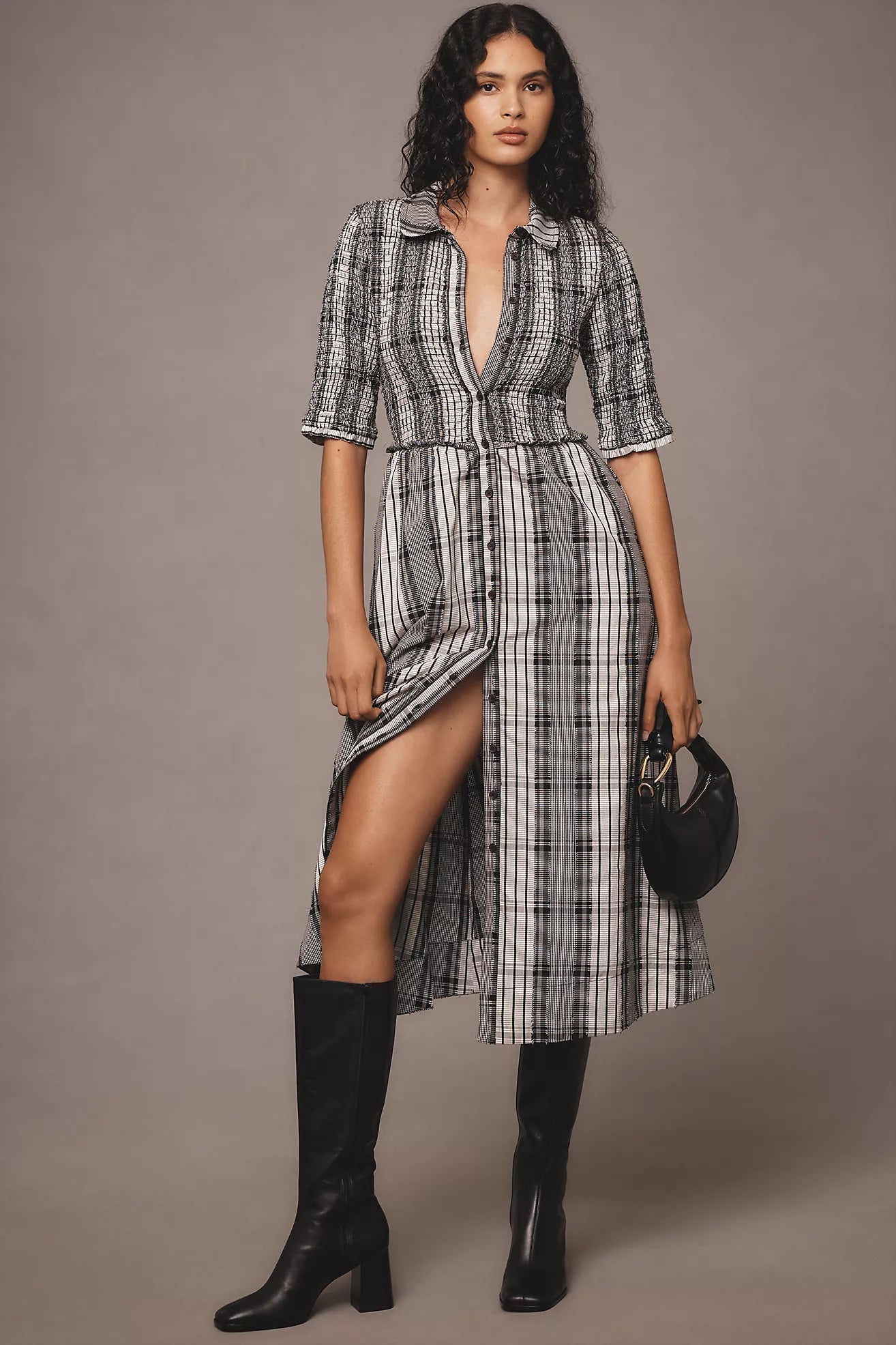 Short-Sleeve Smocked Midi Shirt Dress Casual Maxi By Maeve In Black & White, Size: S