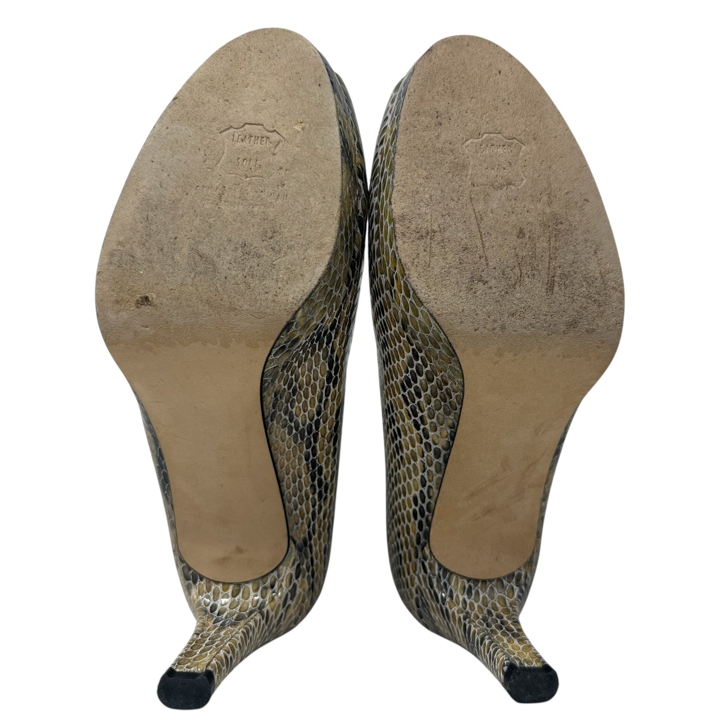 Logo Plainfield Snake Embossed Leather Peep Toe Pumps Designer By Stuart Weitzman In Snakeskin Print, Size: 9