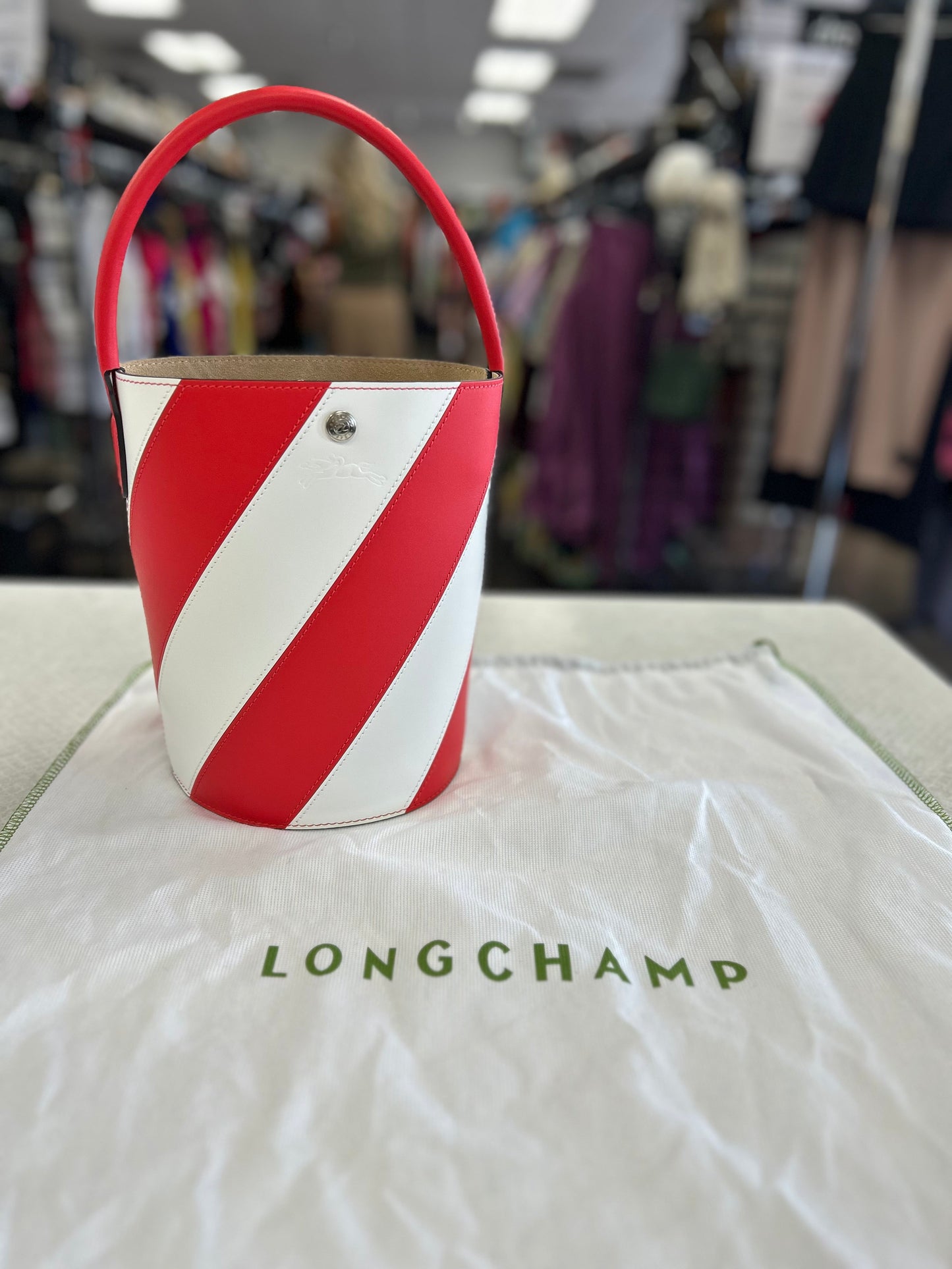 Handbag Designer By Longchamp In Red & White, Size:Medium