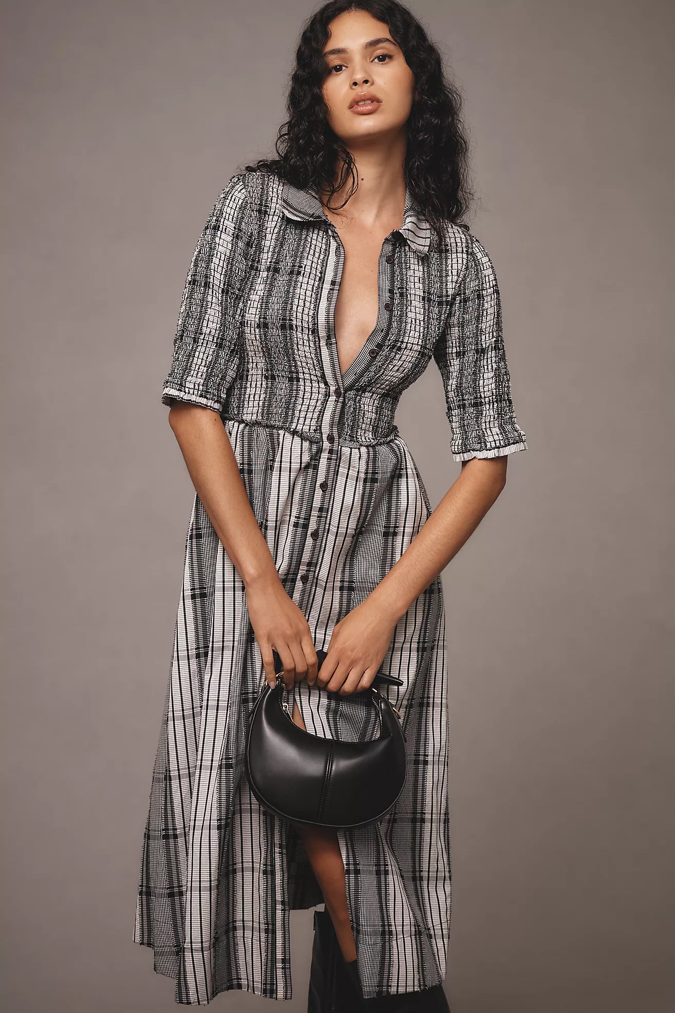 Short-Sleeve Smocked Midi Shirt Dress Casual Maxi By Maeve In Black & White, Size: S
