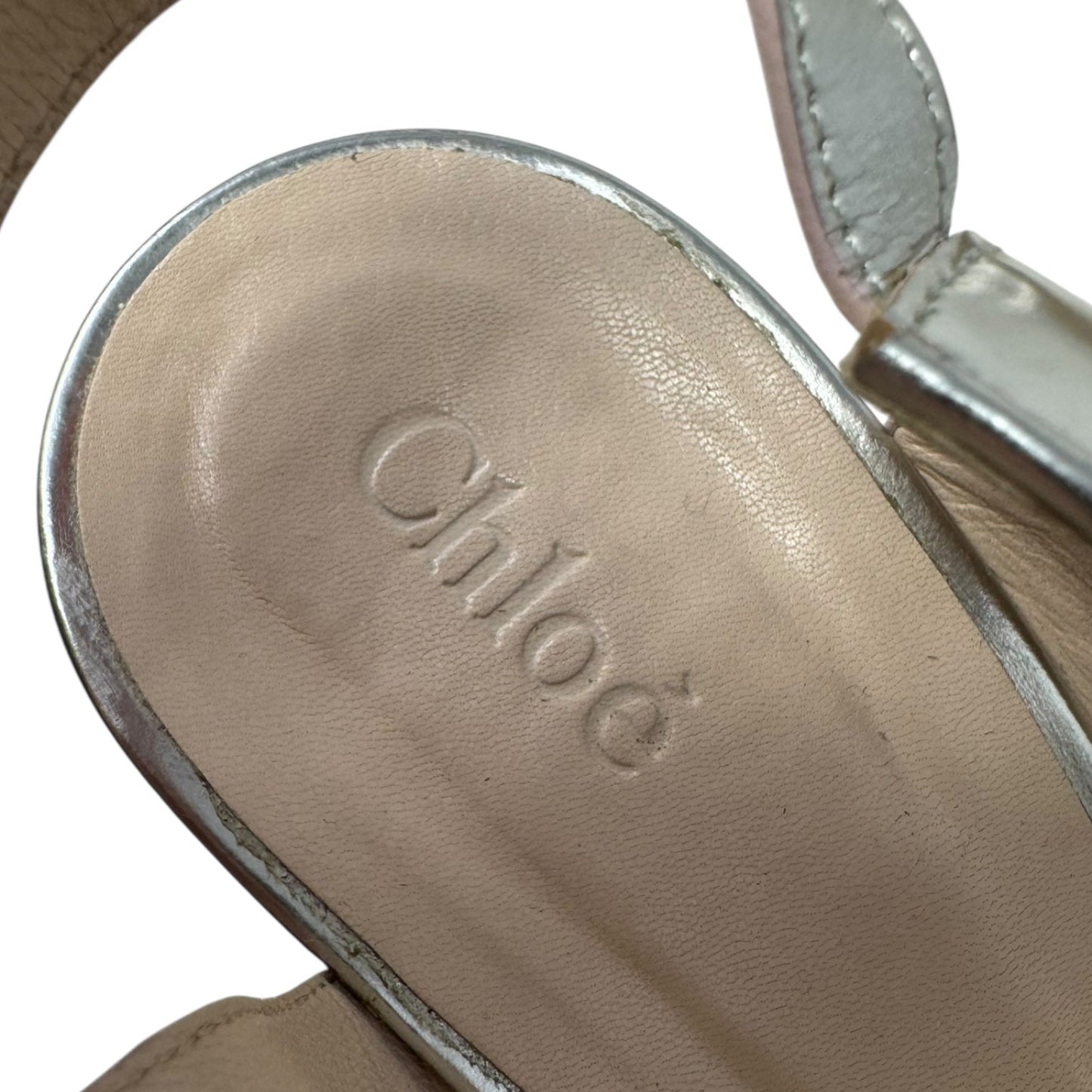 Metallic Wood Block Heel Shoes Luxury Designer By Chloé In Silver, Size: 10.5 (IT 40.5)