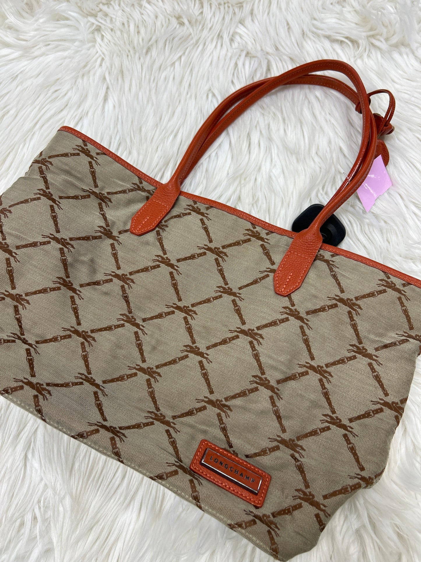 Handbag Designer By Longchamp In Taupe, Size:Medium