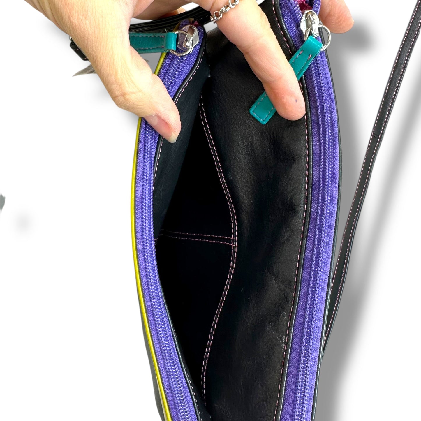 Leather Double Zip Multi Color Crossbody By ili New York, Size: Small