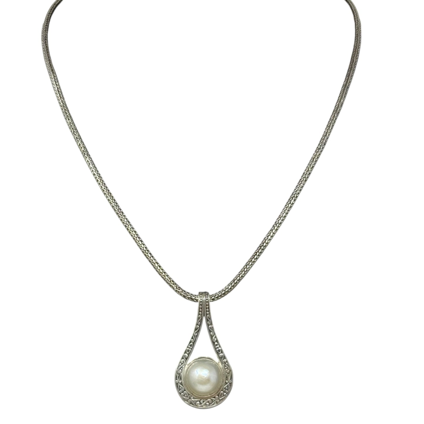 Sterling Silver Mabe Pearl Scrollwork Pendant & Wheat Chain Necklace